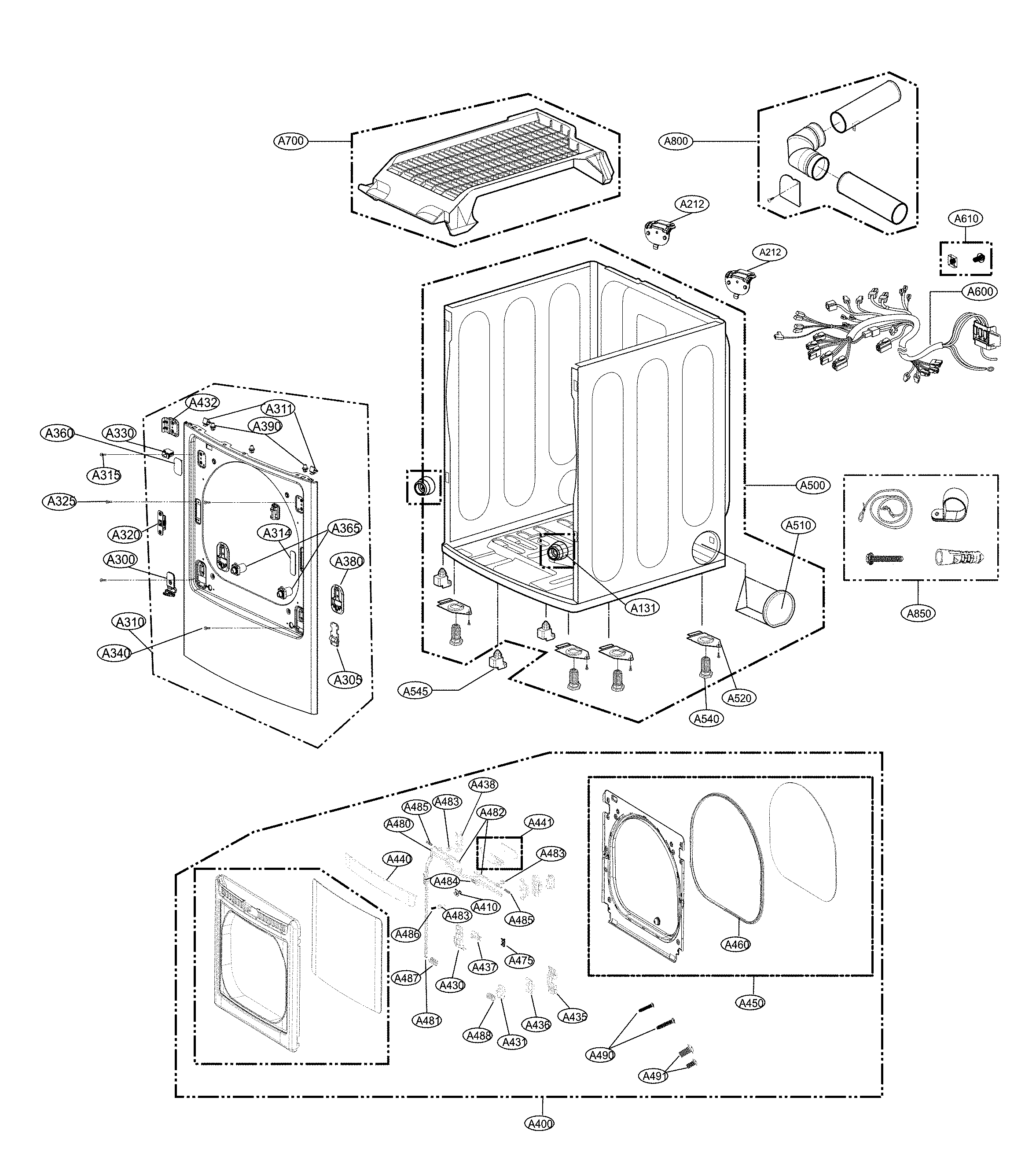 LG DLE7300WE/00 cabinet and door assembly diagram