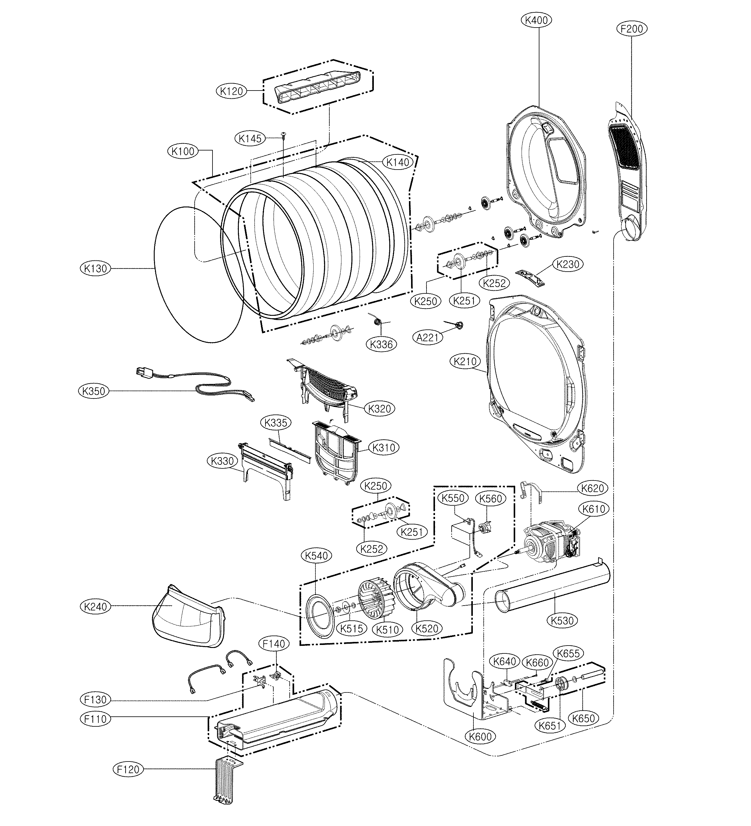 LG DLE7300WE/00 drum and motor assembly diagram