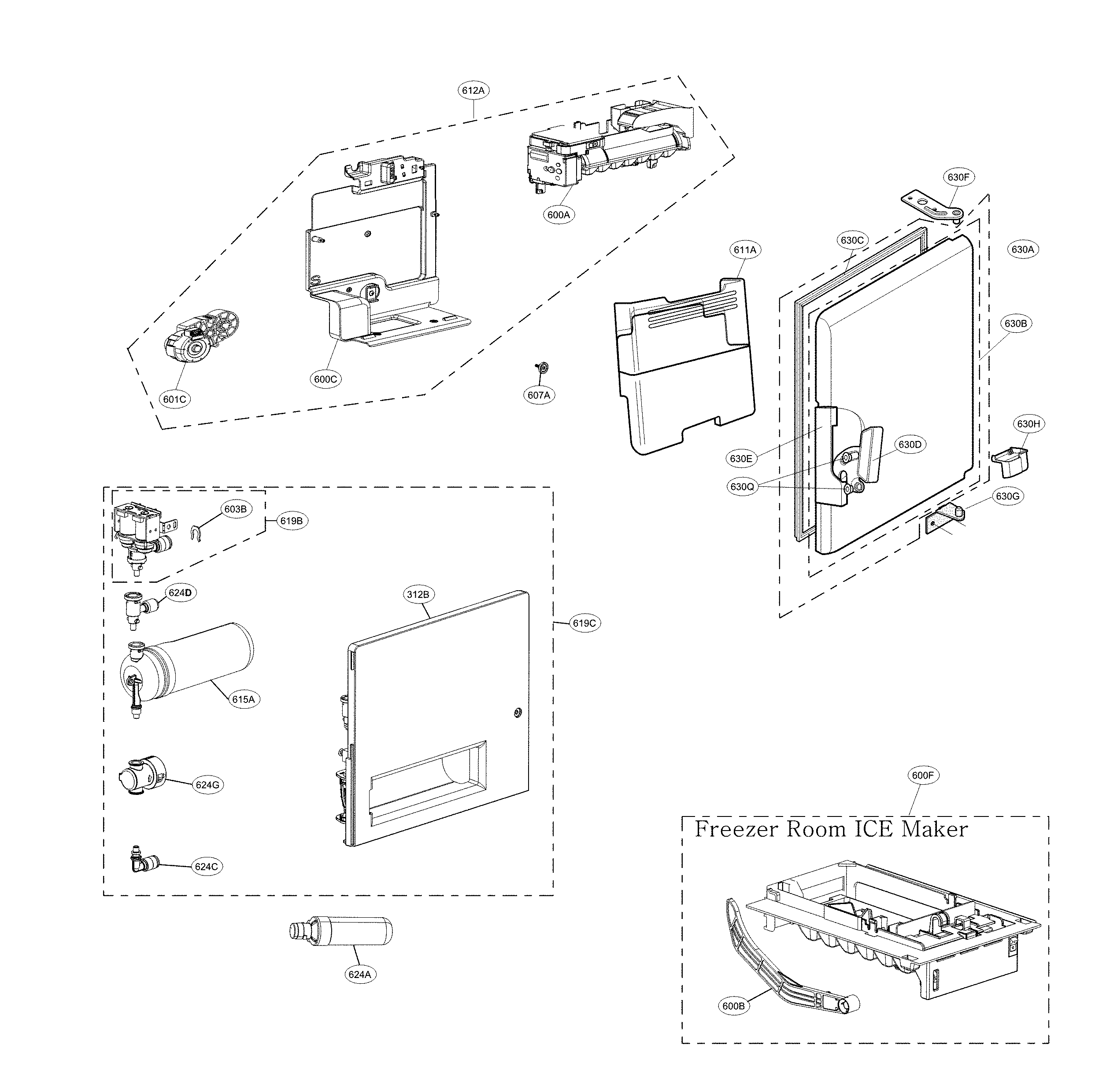 LG LRFXC2406S/00 icemaker and ice bin parts diagram