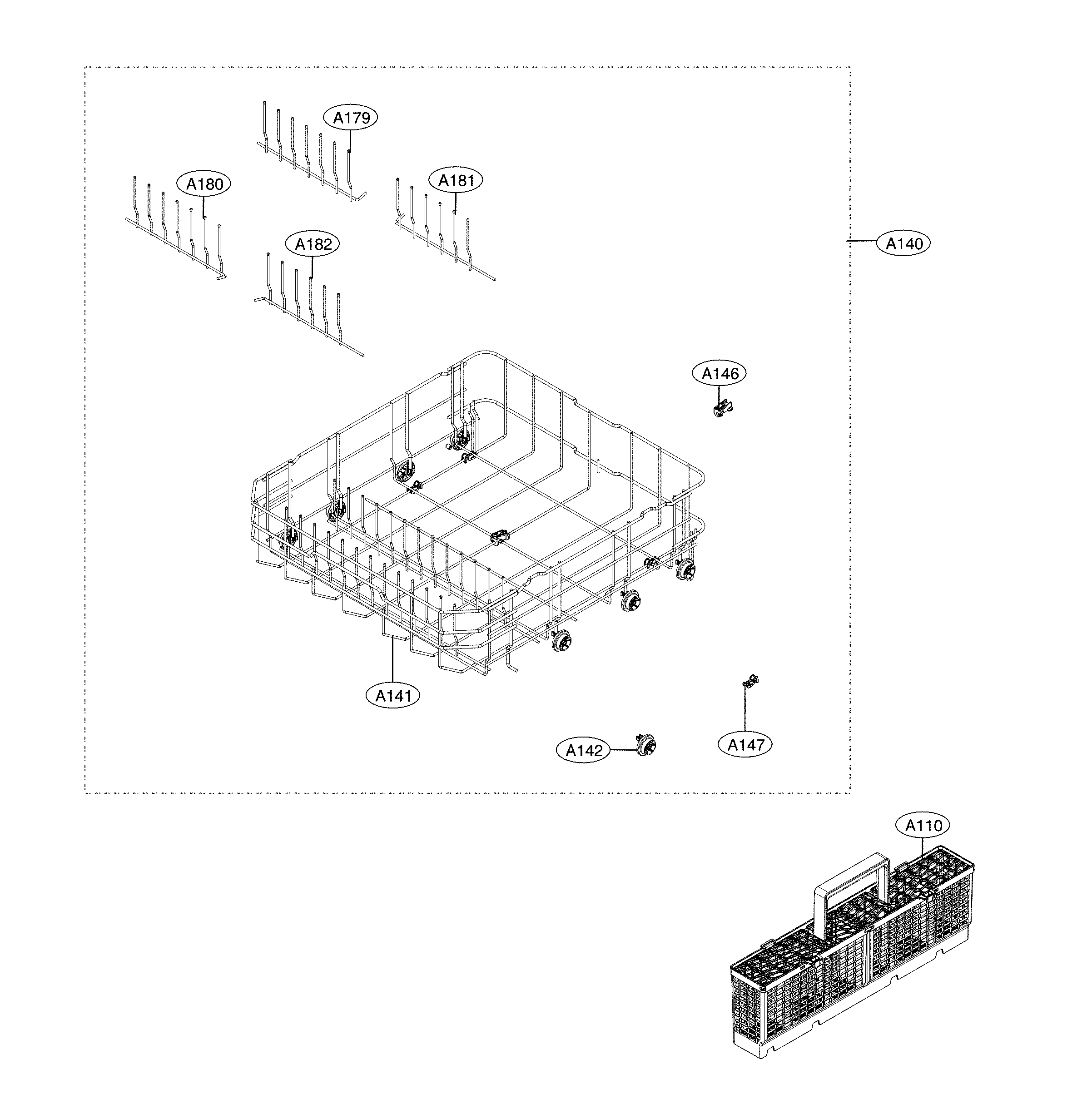LG LDF5545WW/00 lower rack assembly diagram