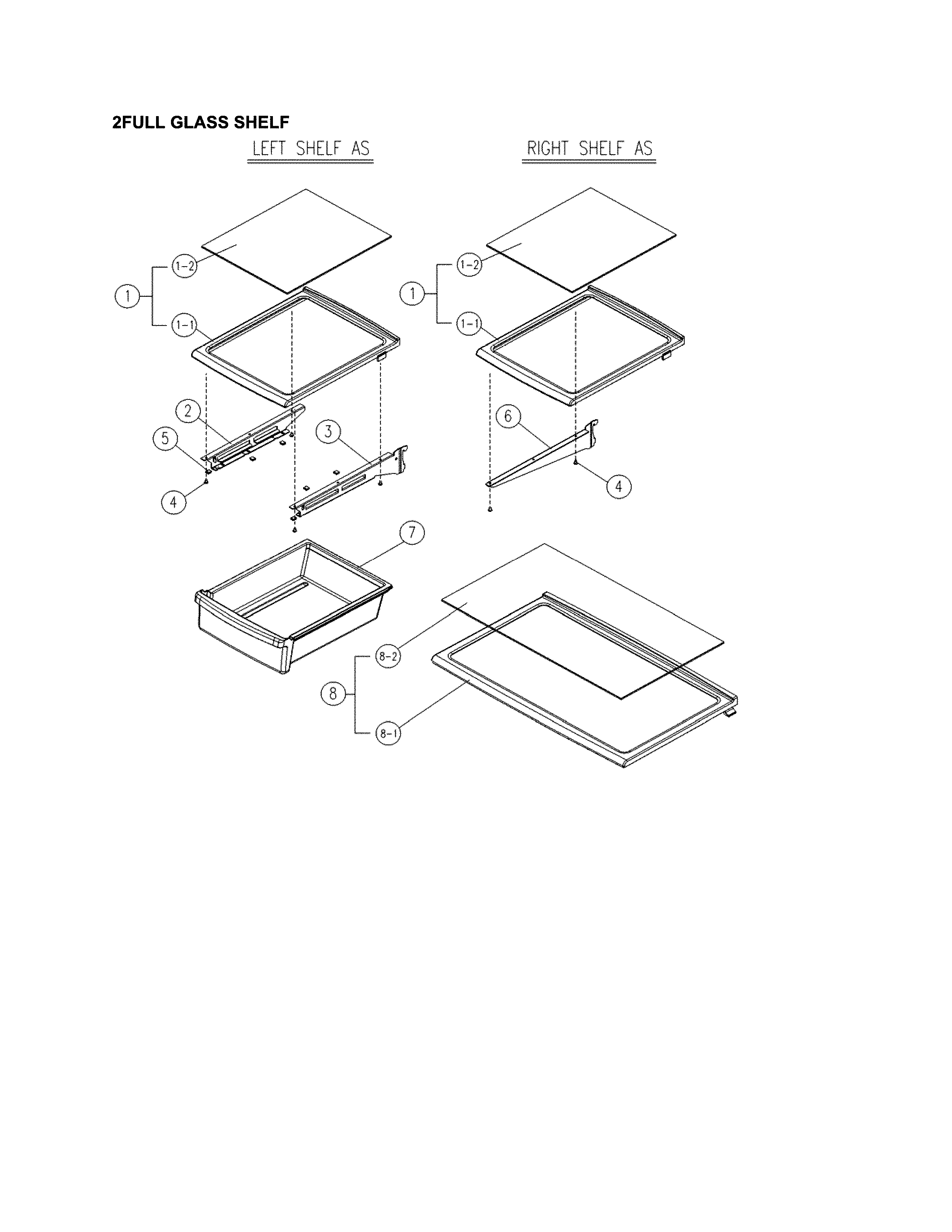 Kenmore 11170712910 2full glass shelf - left and right diagram