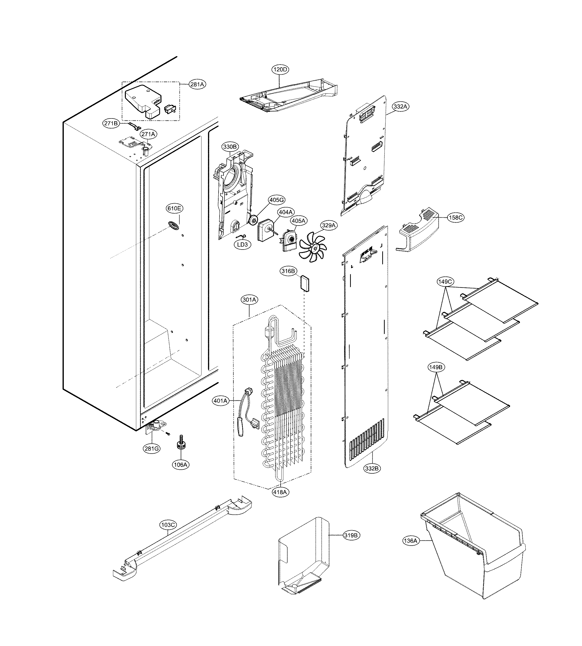 Kenmore Elite 79551823412 freezer compartment diagram