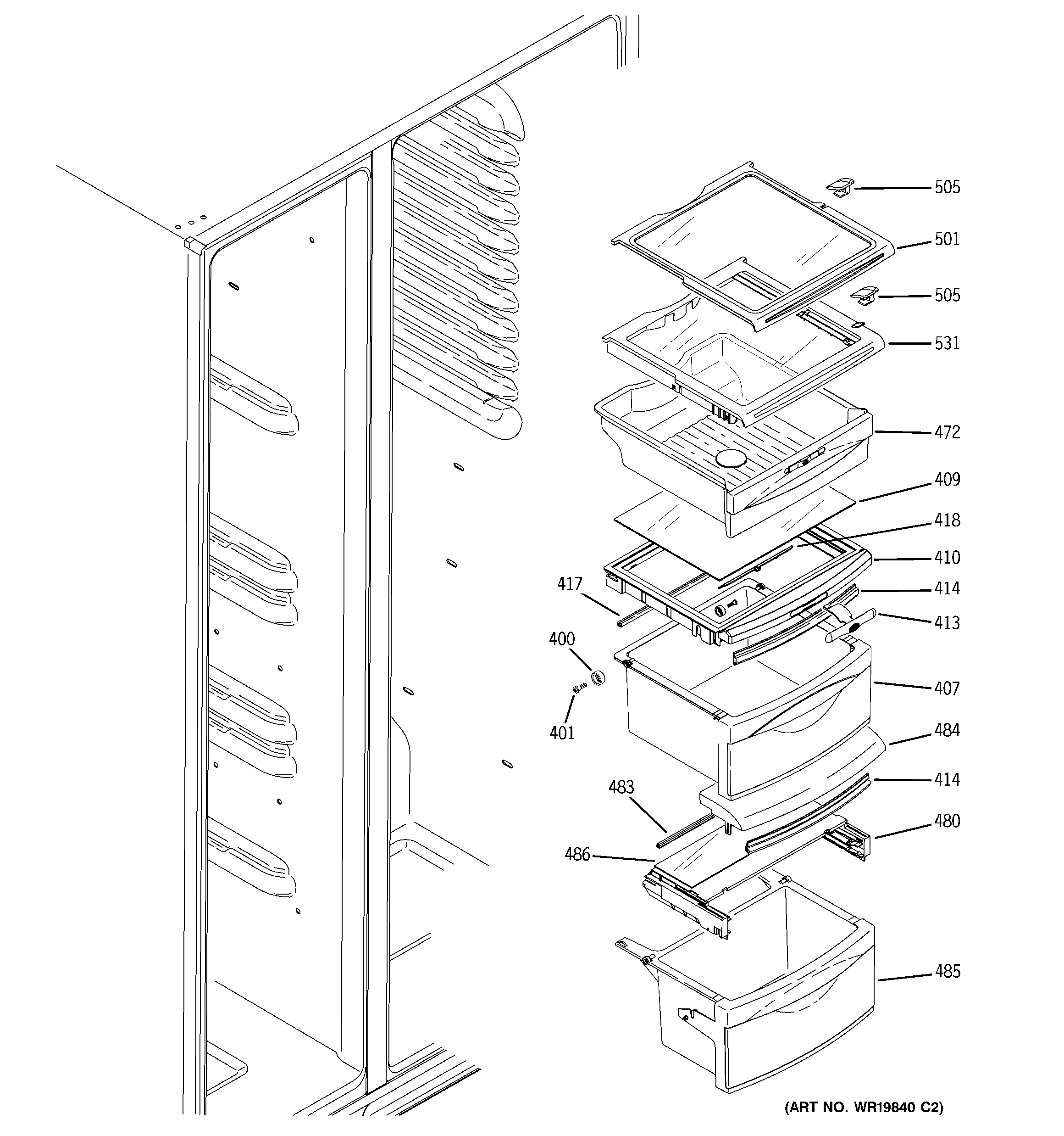 GE GSS25WSWJSS fresh food shelves diagram