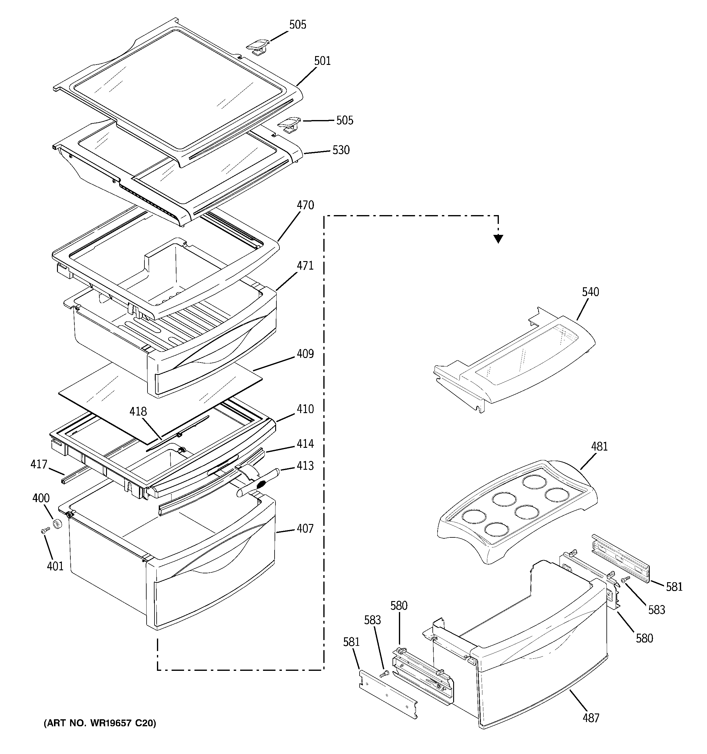 GE PSS26MSTASS fresh food shelves diagram