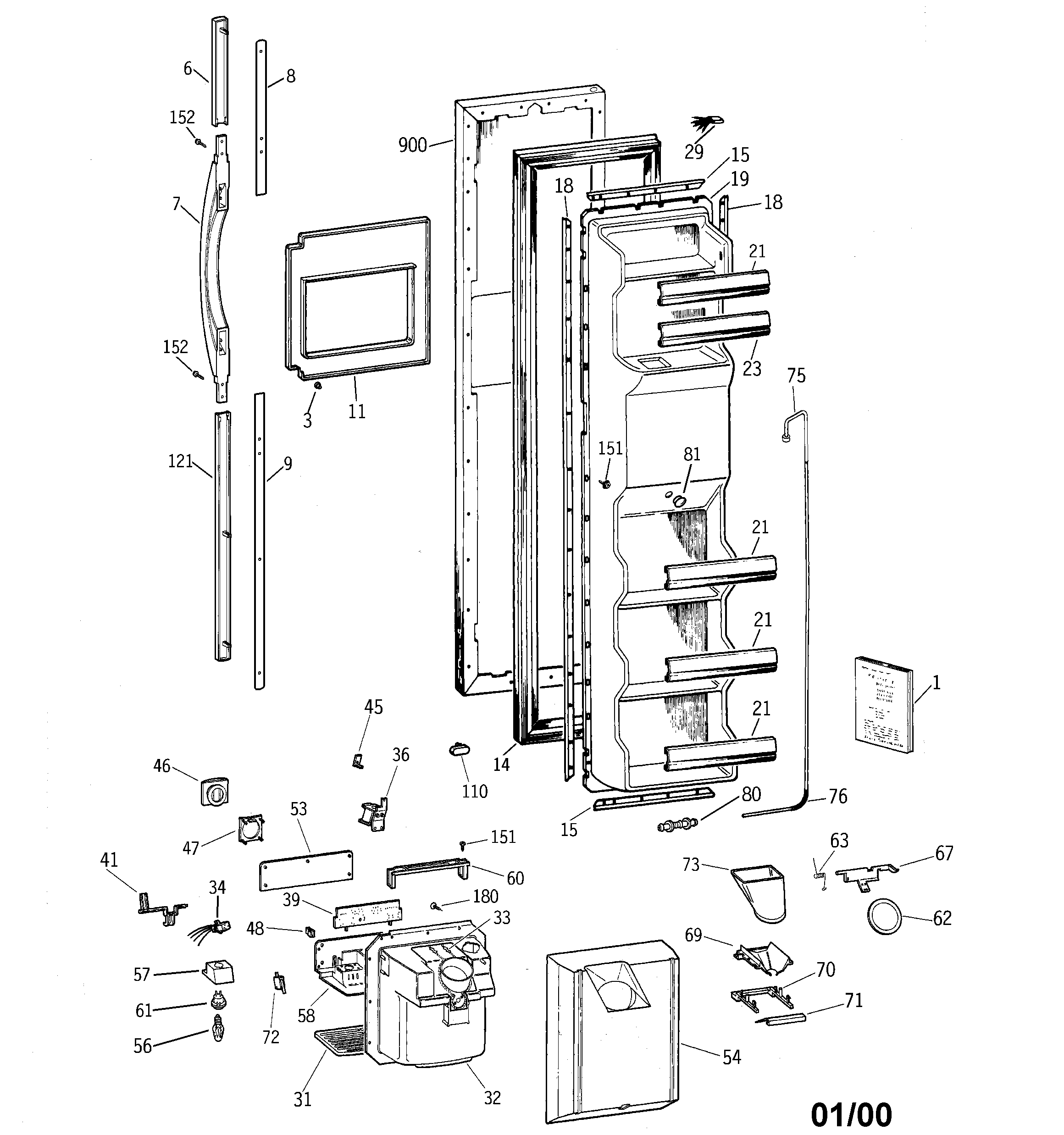 GE TFT25PRBEAA freezer door diagram
