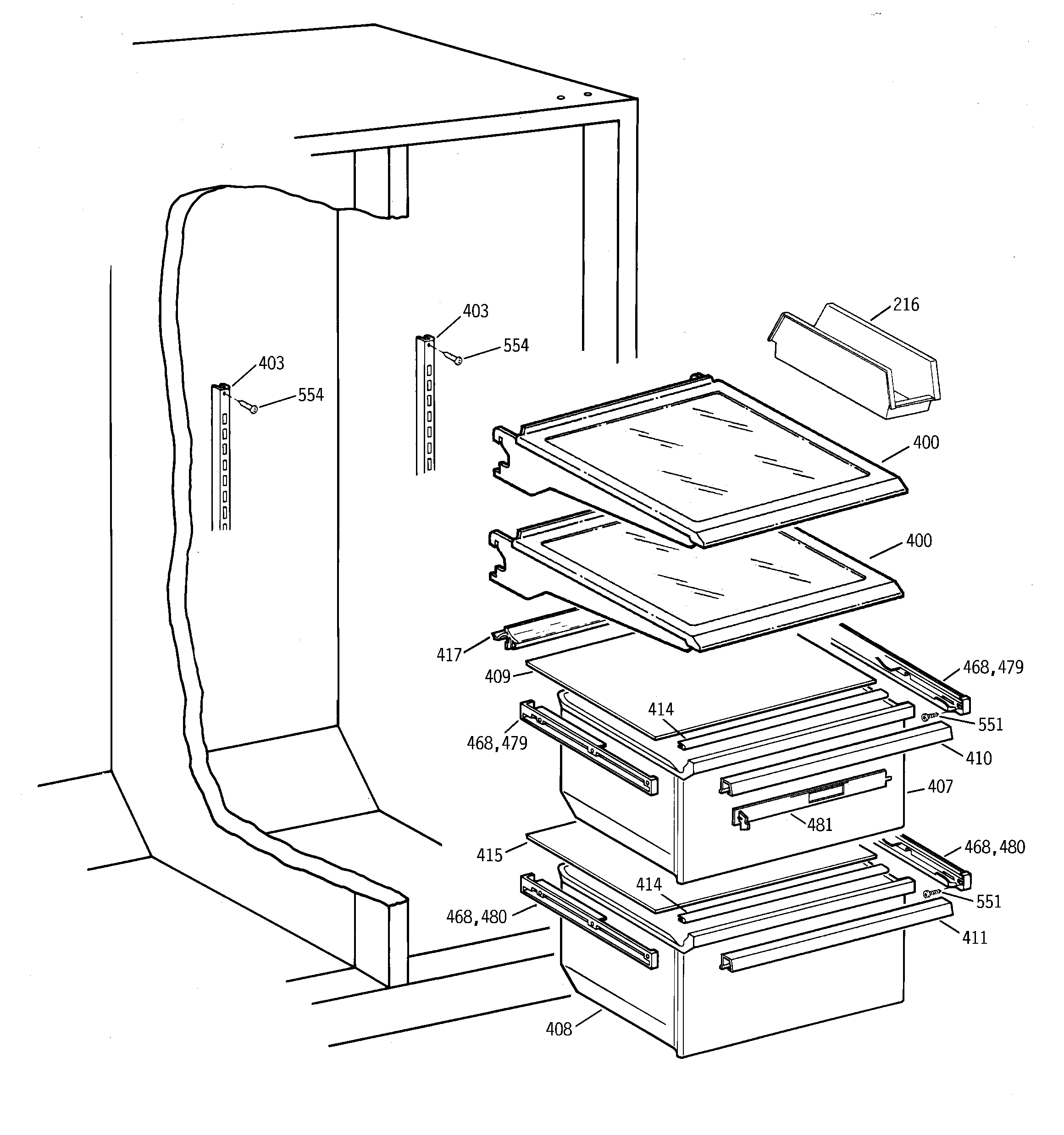 GE TFM25KRCEWW fresh food shelves diagram