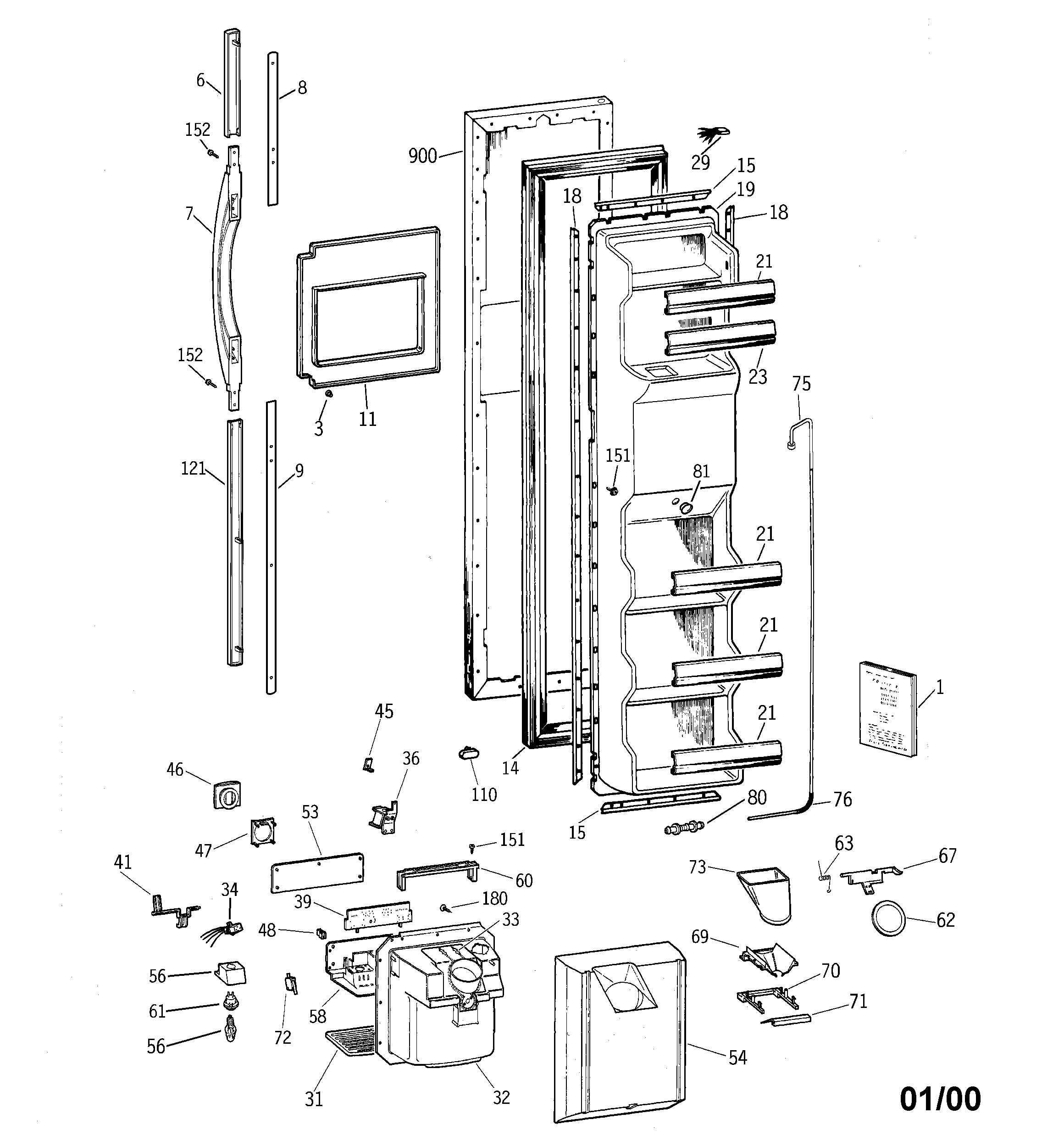 GE TFM25PRBEAA freezer door diagram