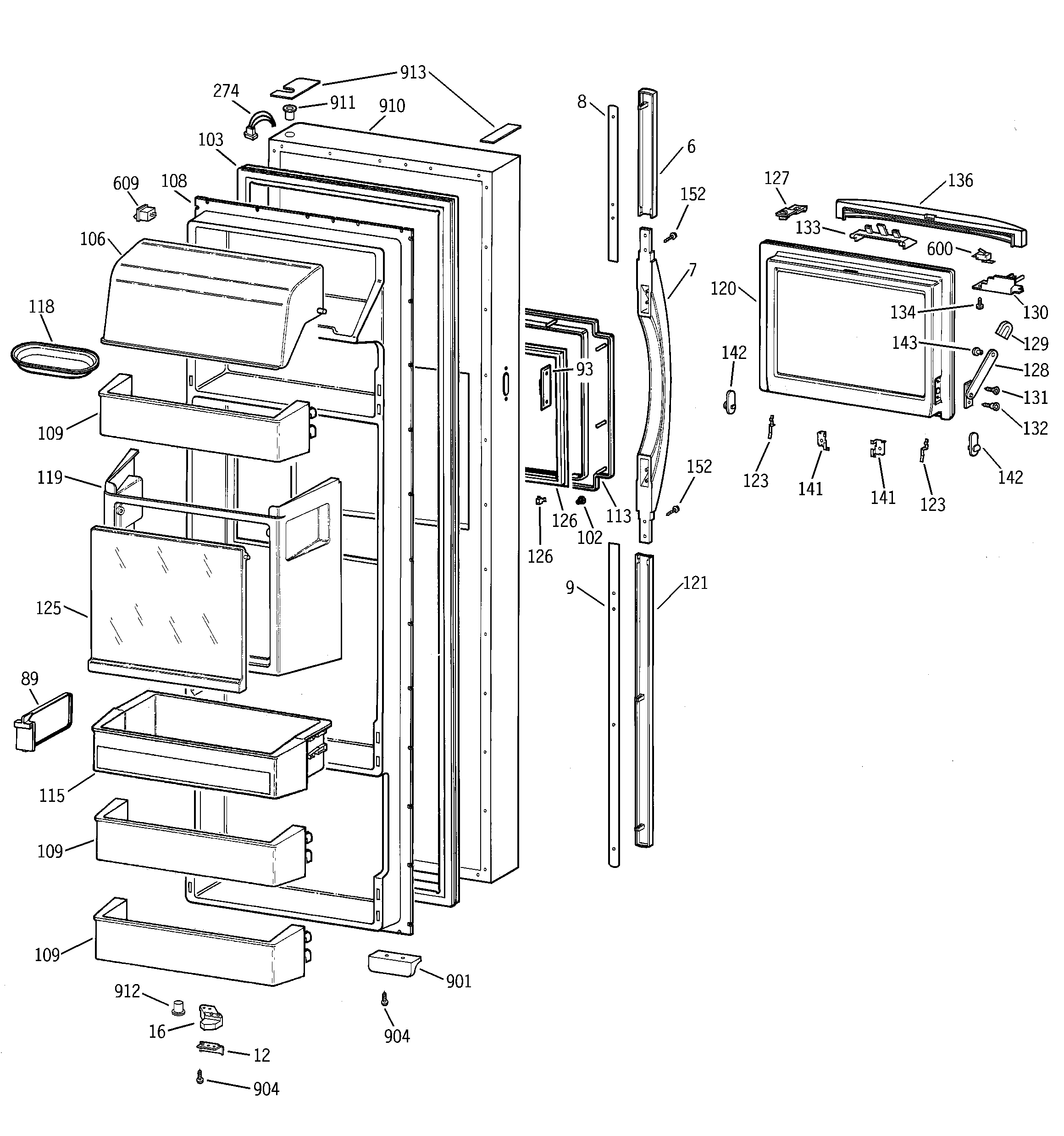 GE TFM28PFBEAA fresh food door diagram