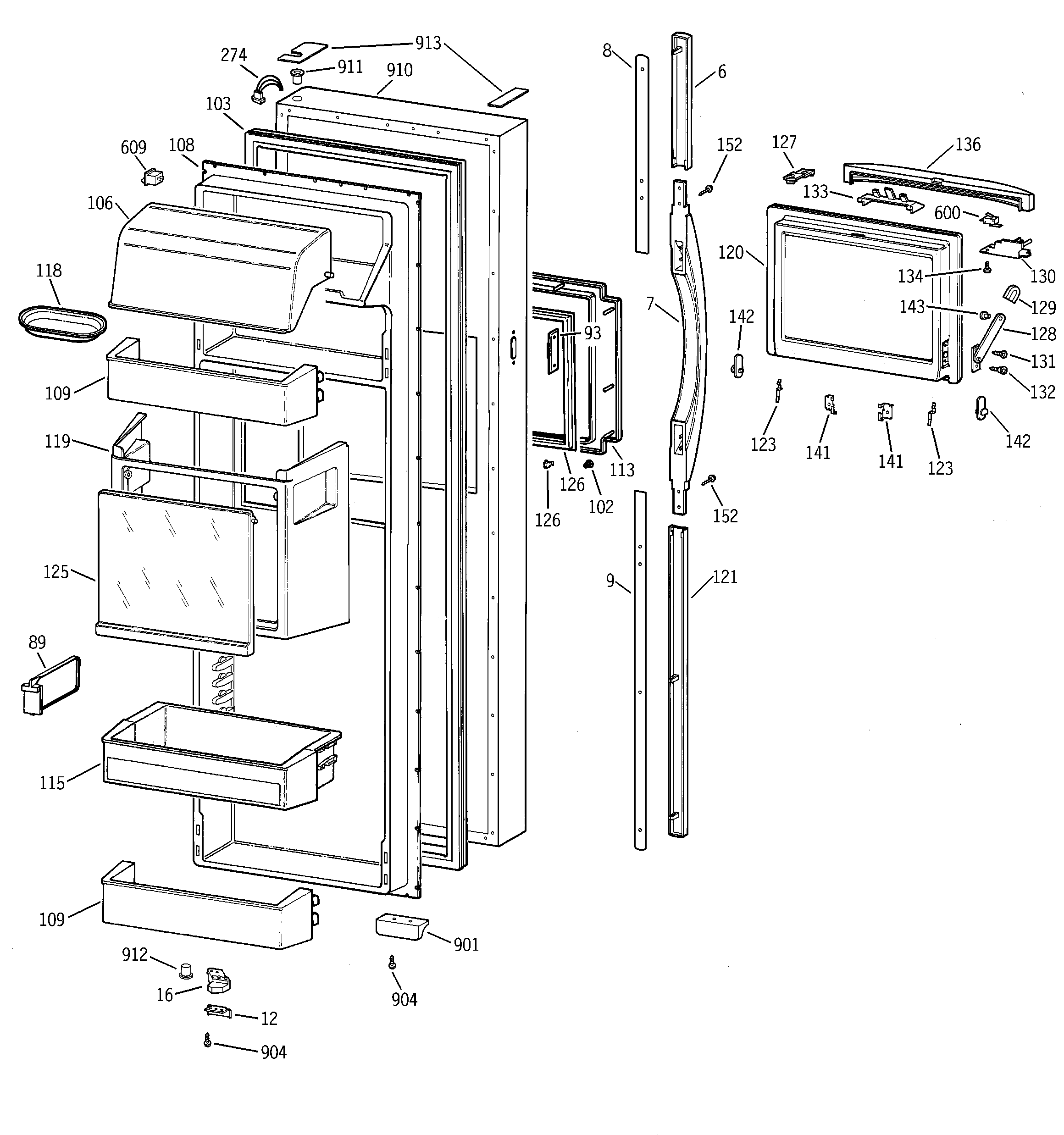GE TFM30PBBEWW fresh food door diagram