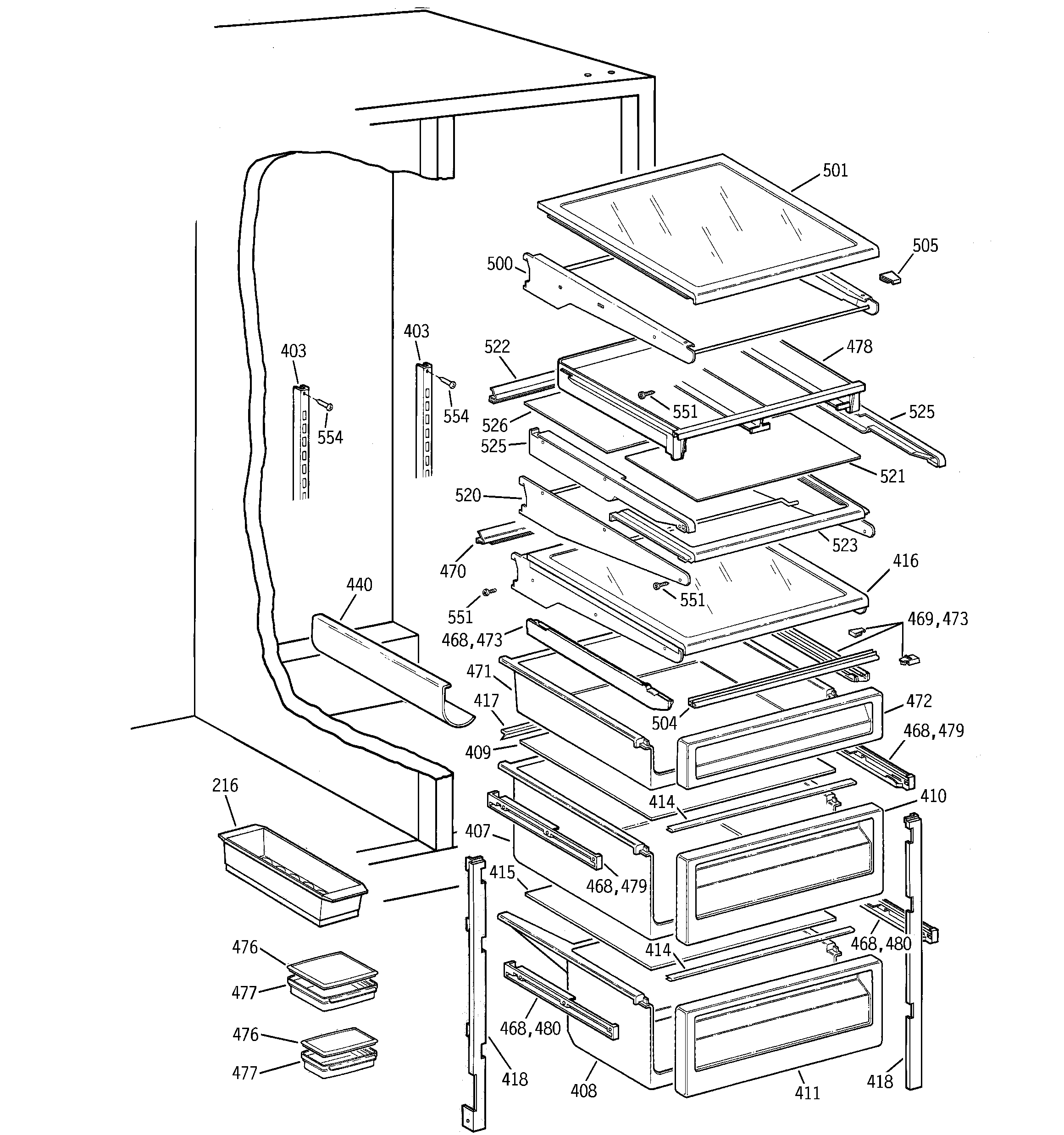 GE TFG28PFCCBS fresh food shelves diagram