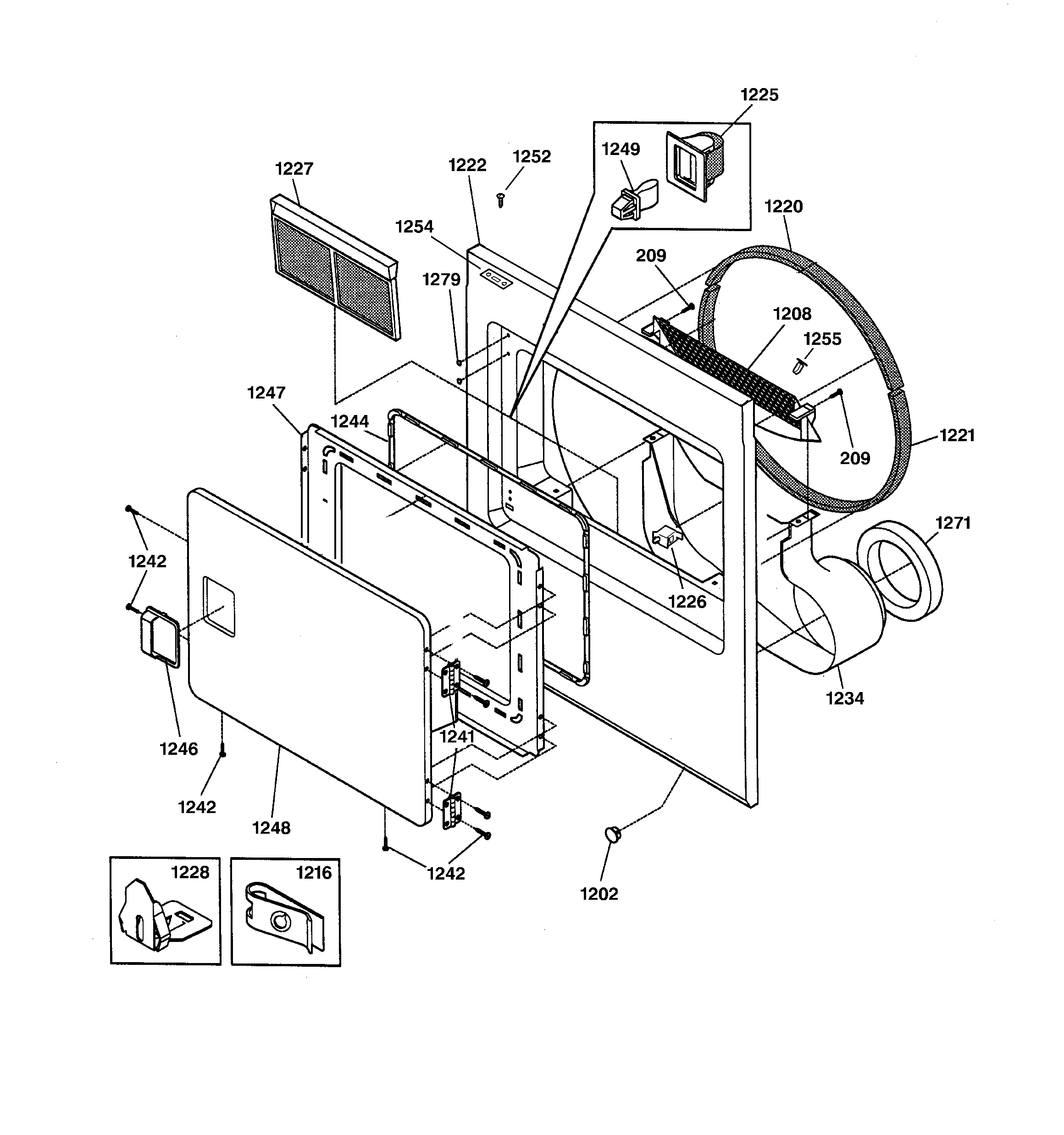 GE DCD330EY0AC front panel & lint filter diagram