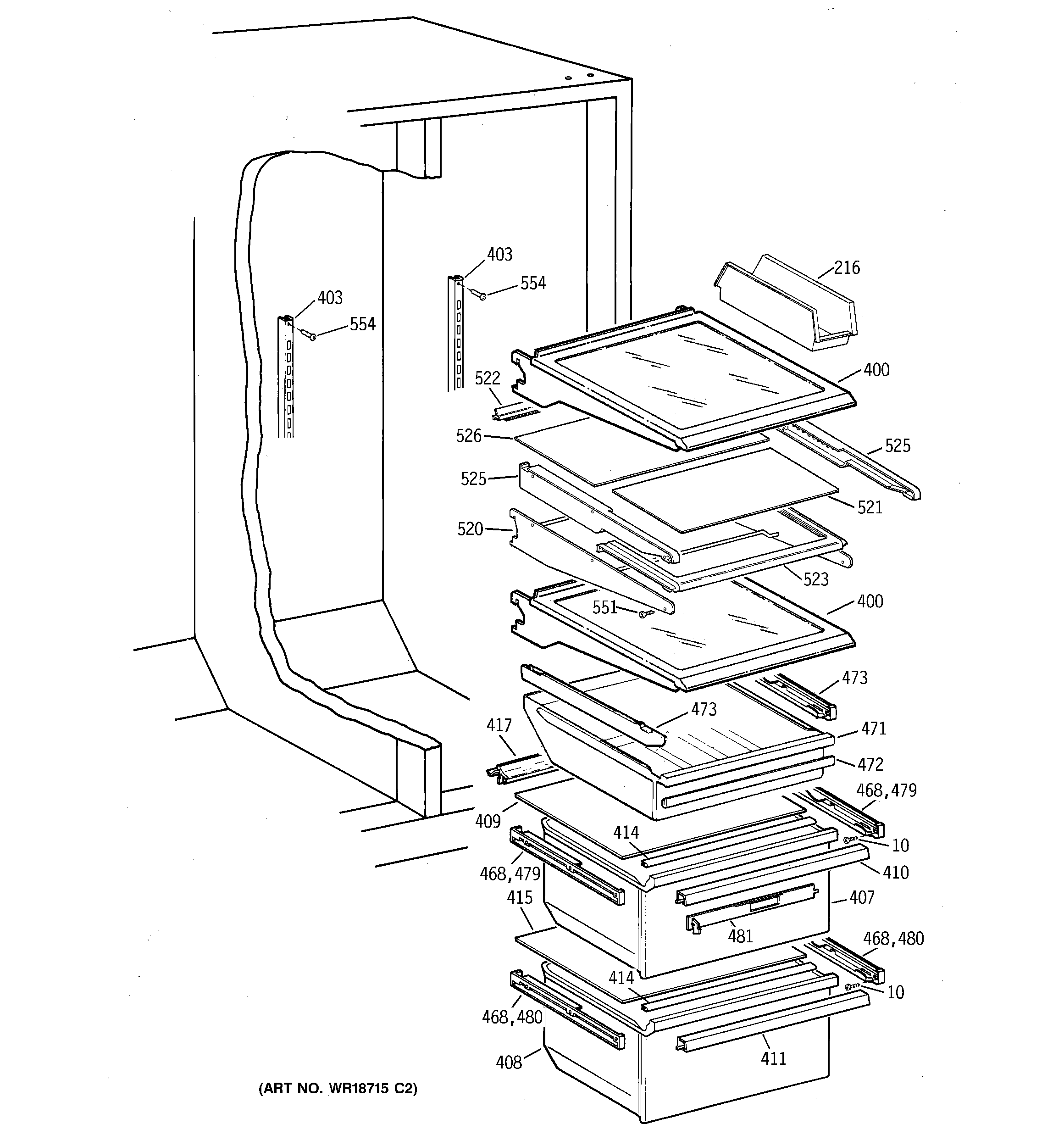 GE TFX22ZPDAAA fresh food shelves diagram