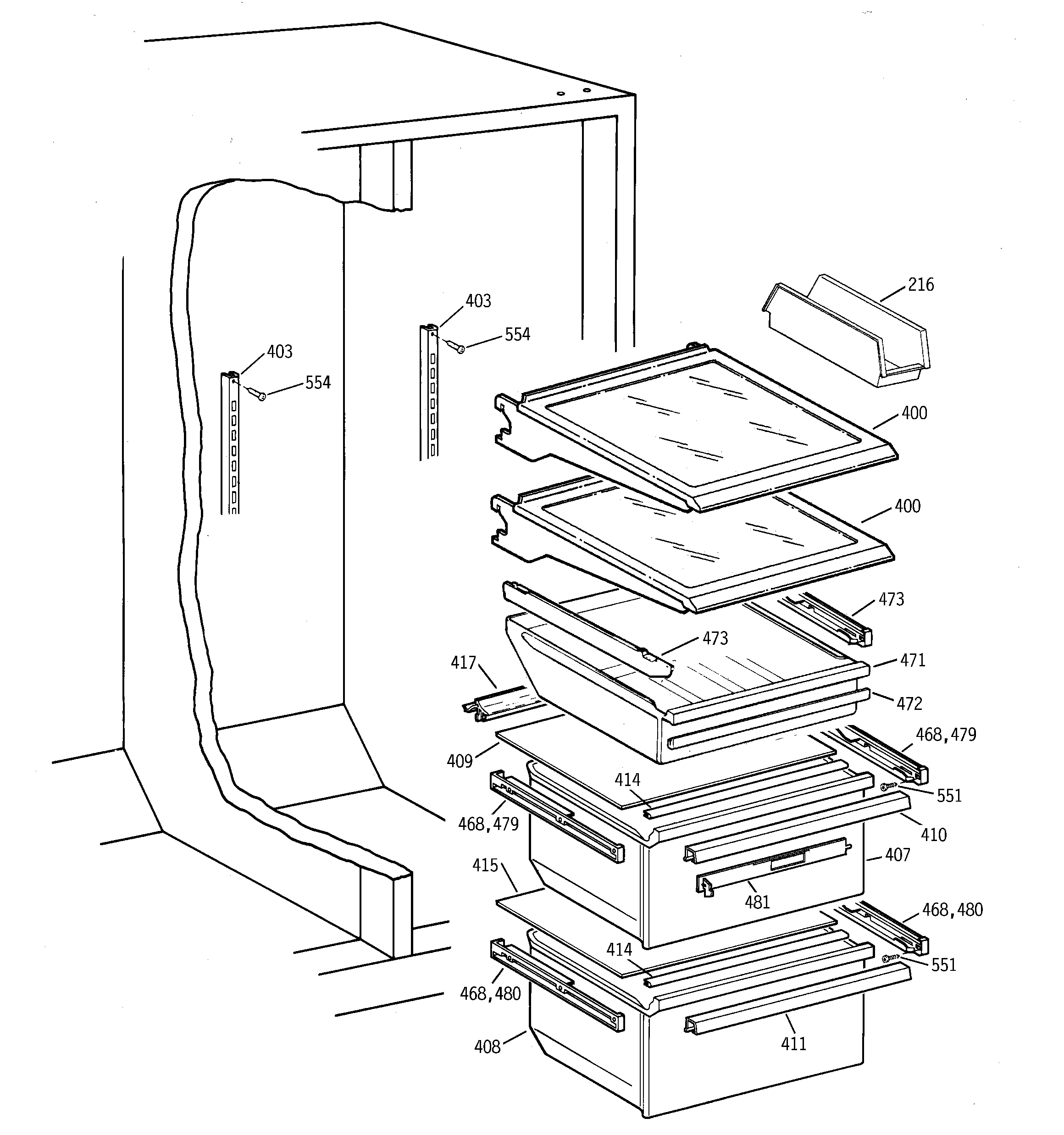 GE TFX26APDAWW fresh food shelves diagram