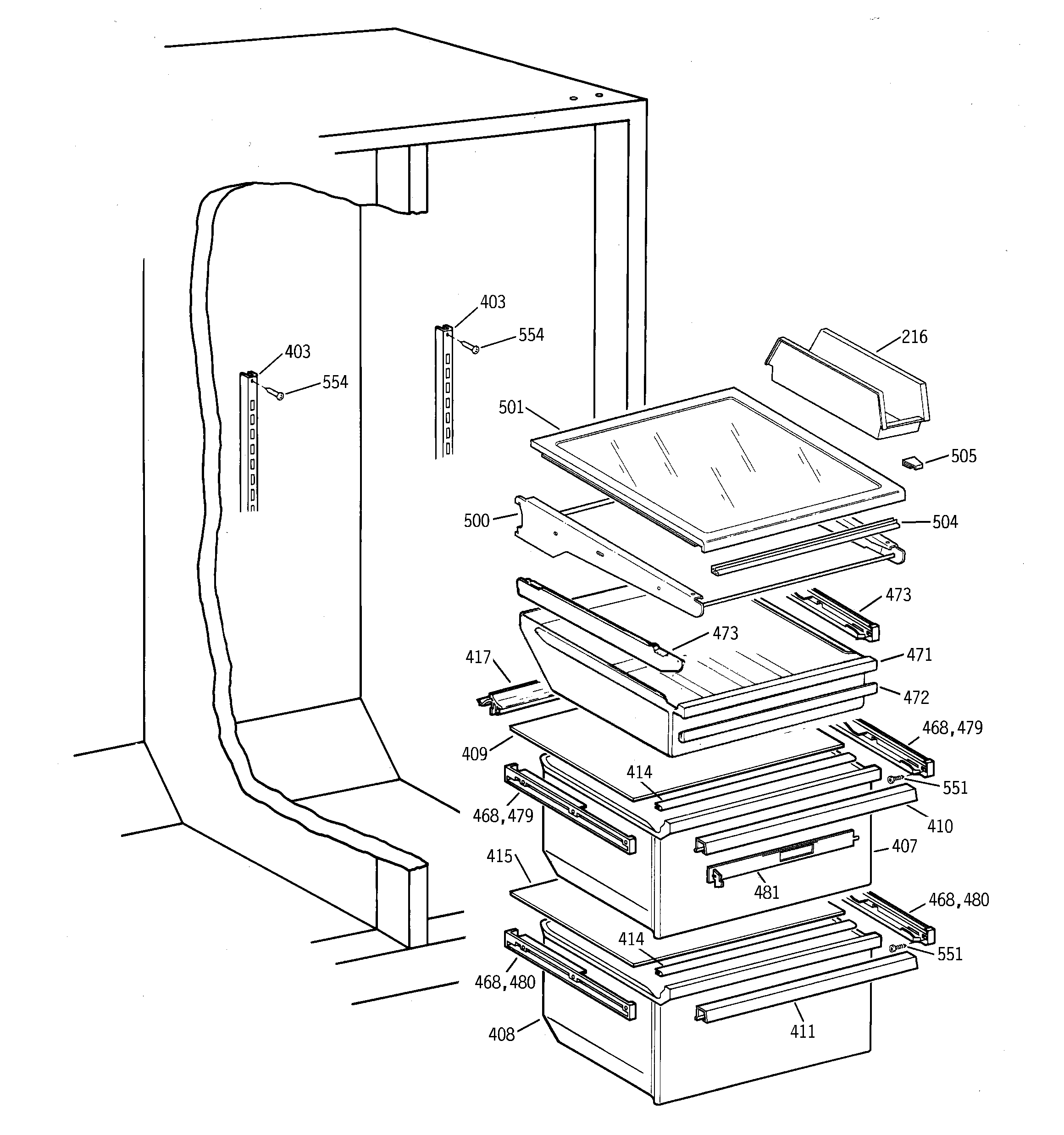 GE TFX26XPDAAA fresh food shelves diagram
