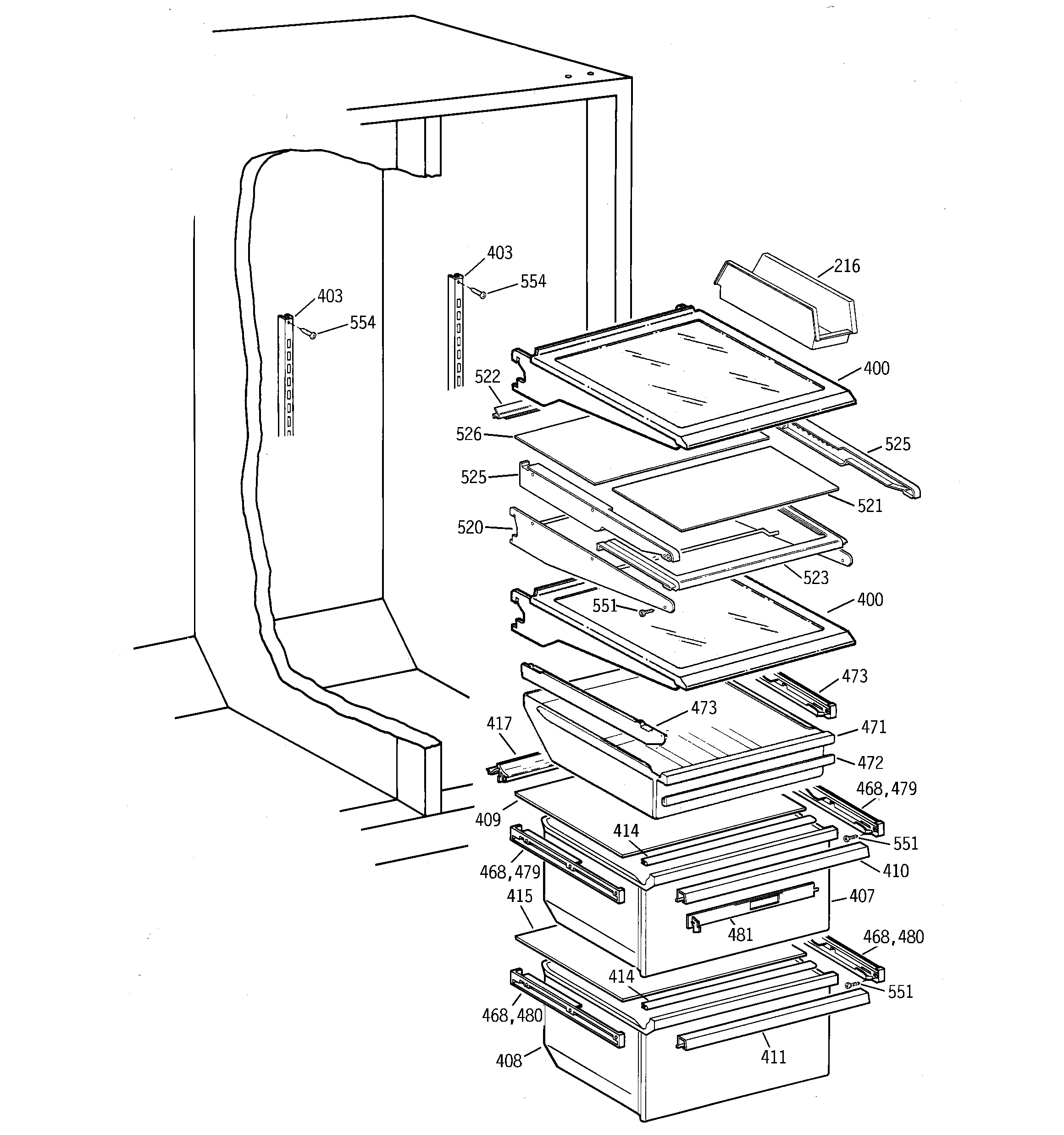 GE TFX26ZPDABB fresh food shelves diagram