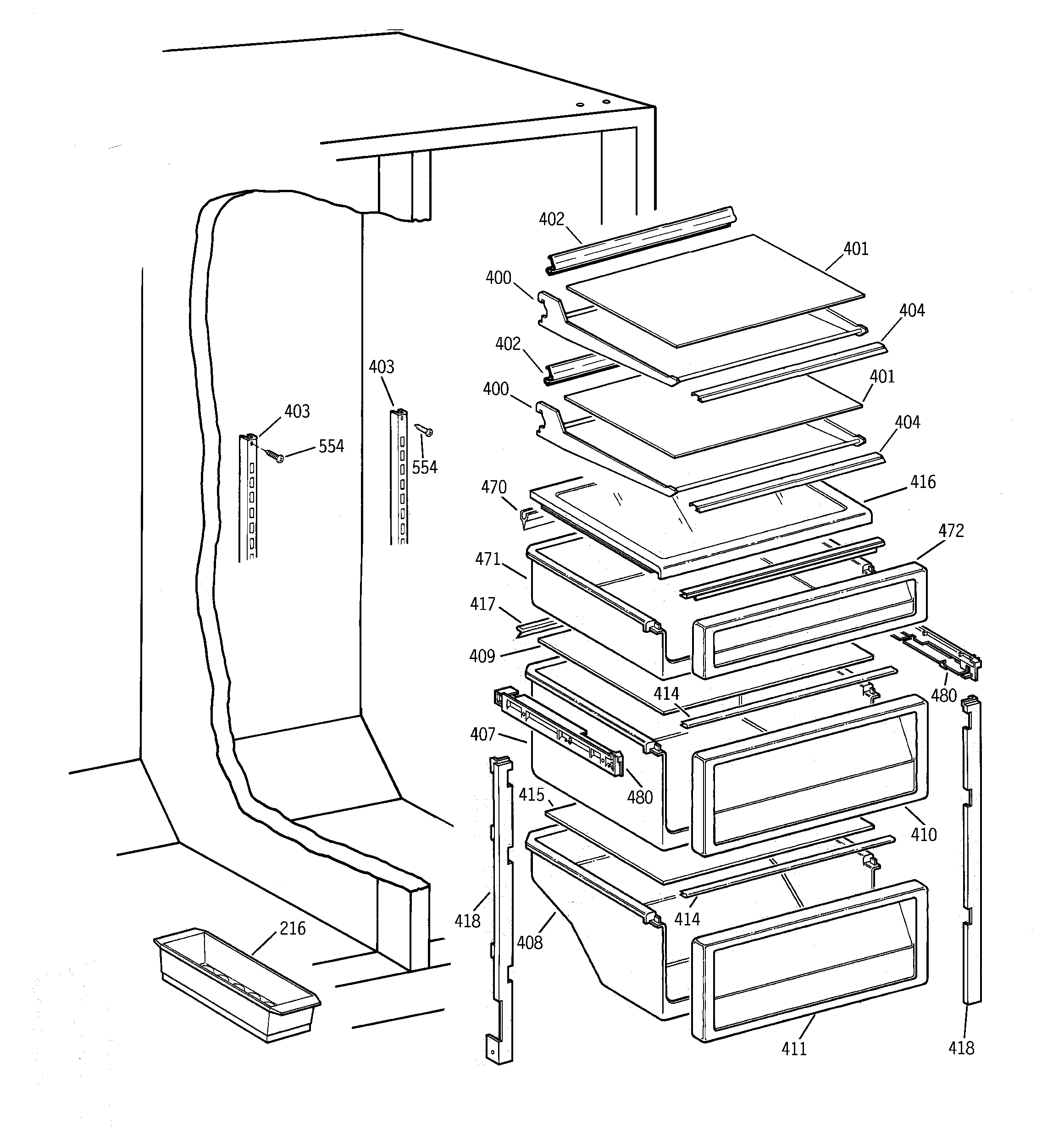 GE TPG21JRDAWW fresh food shelves diagram