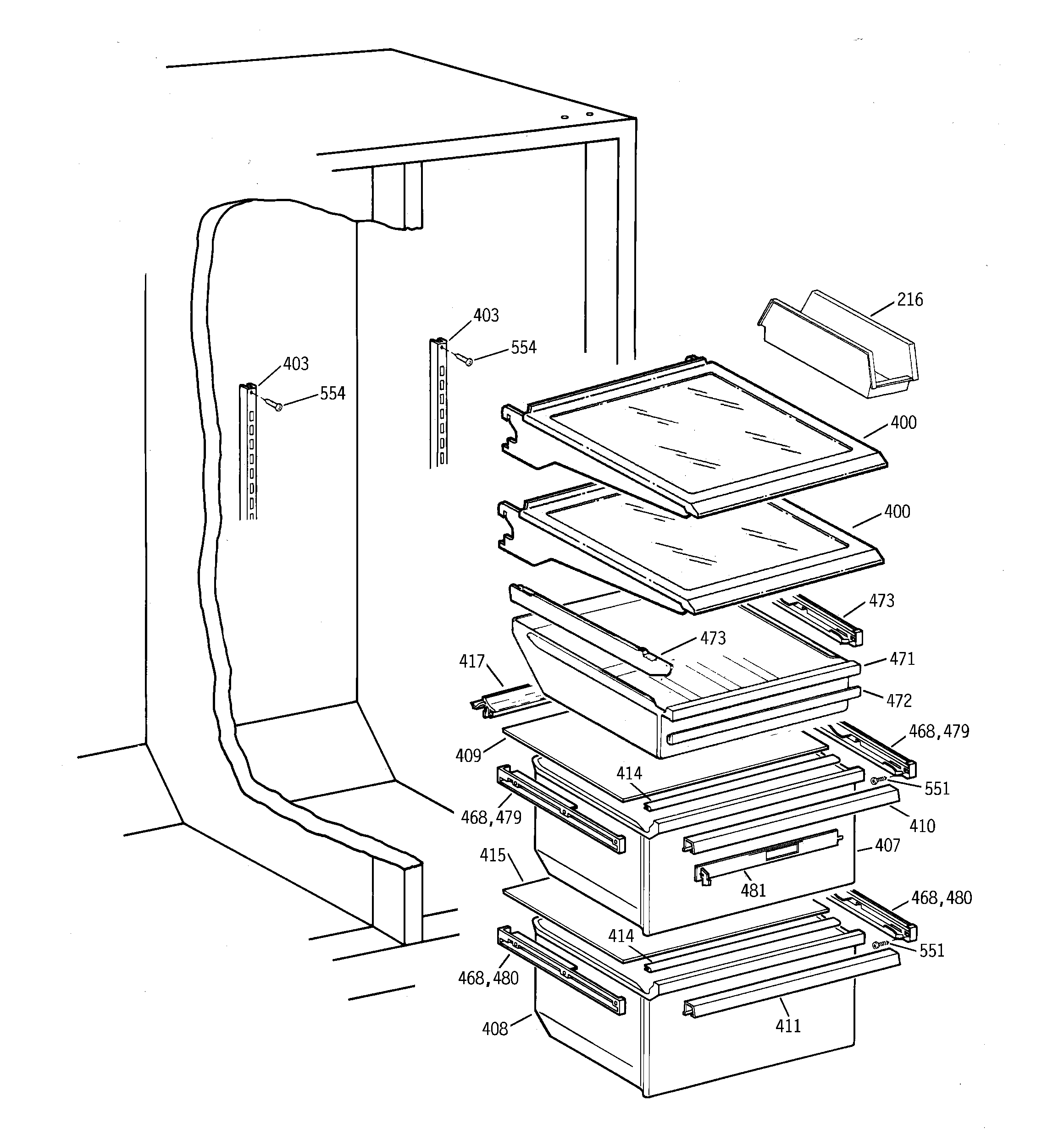 GE TFX22QPDAWW fresh food section diagram