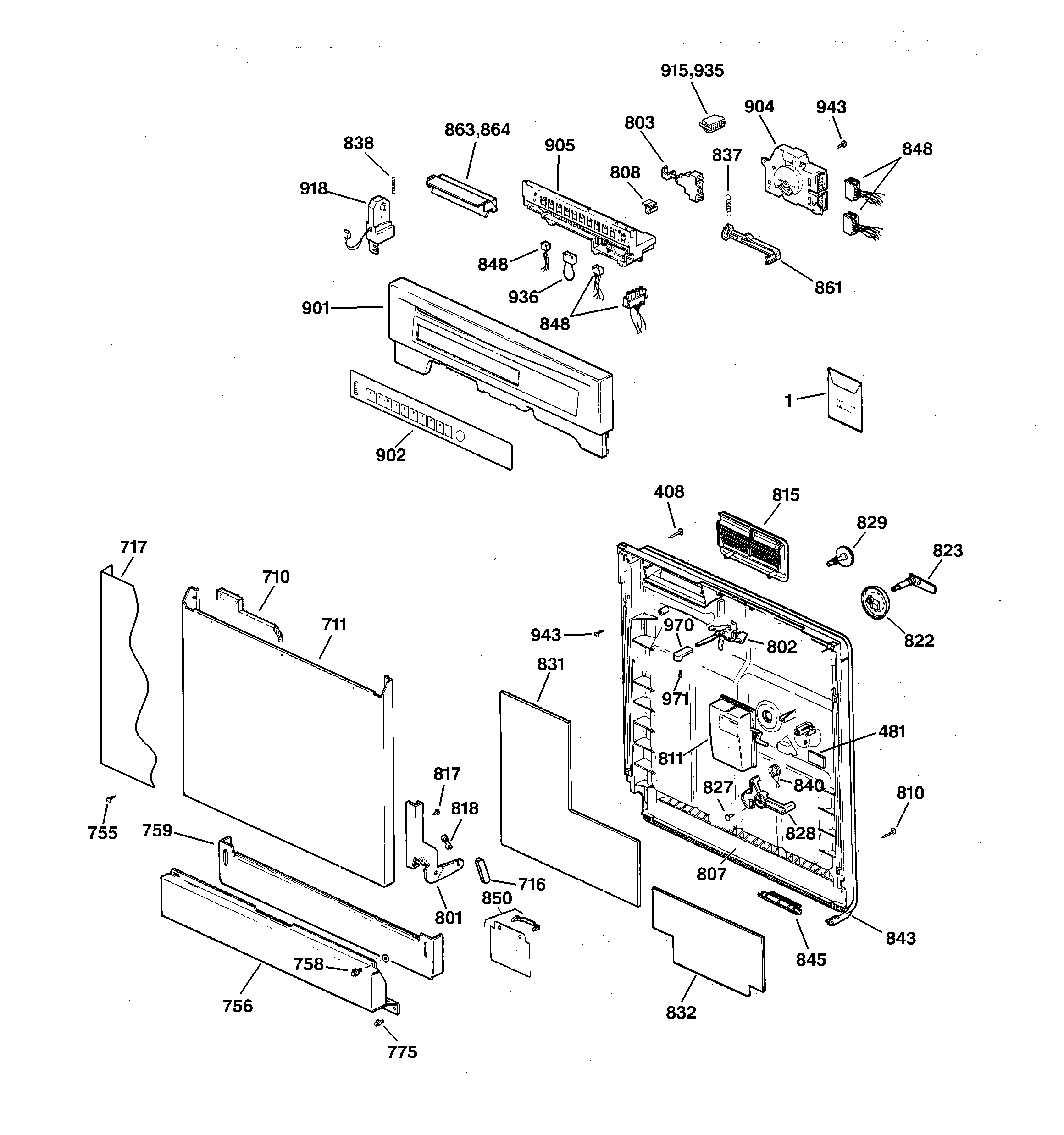 GE ZBD4200D00WW escutcheon & door assembly diagram