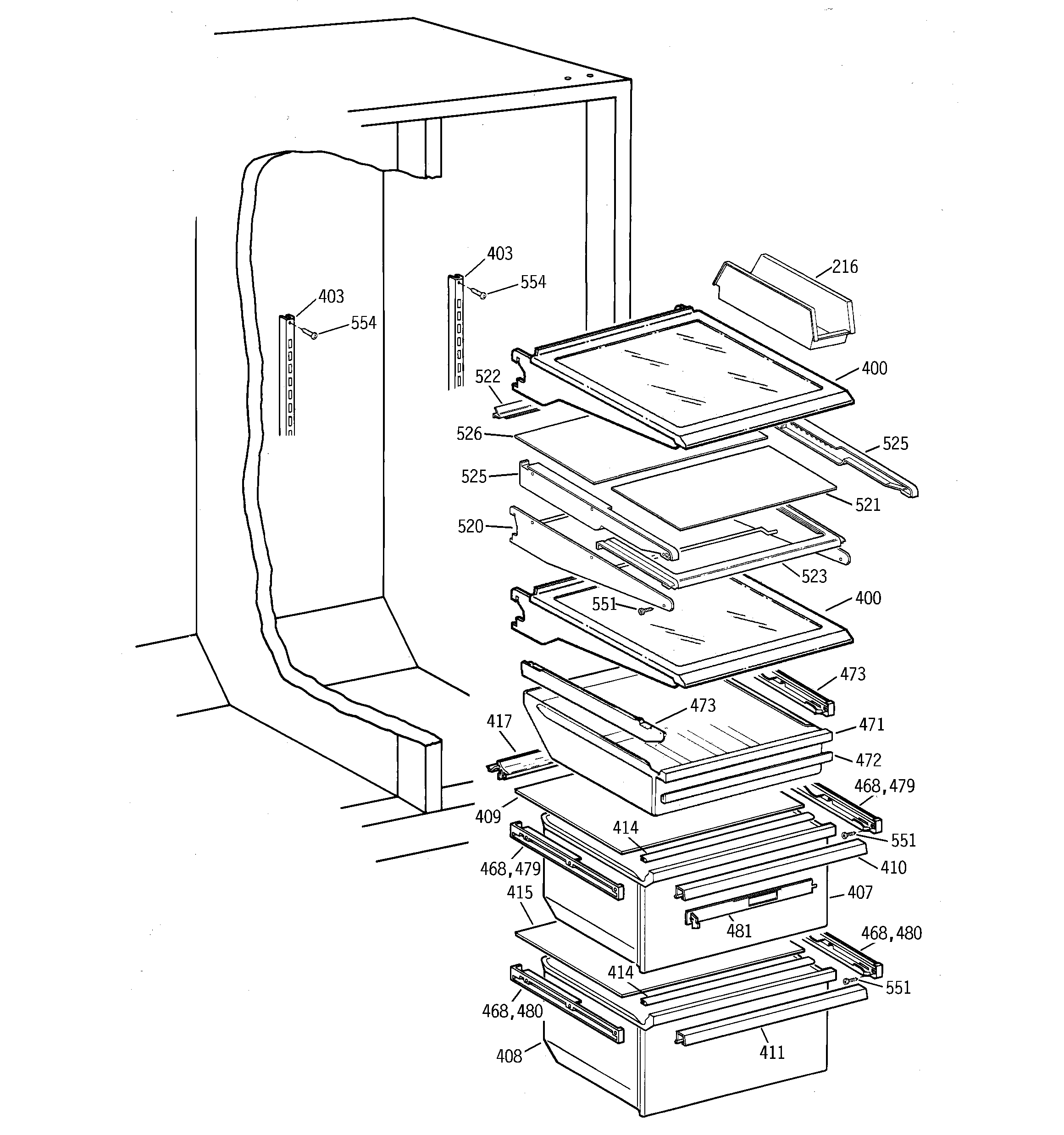 GE TFX26CPDABB fresh food section diagram