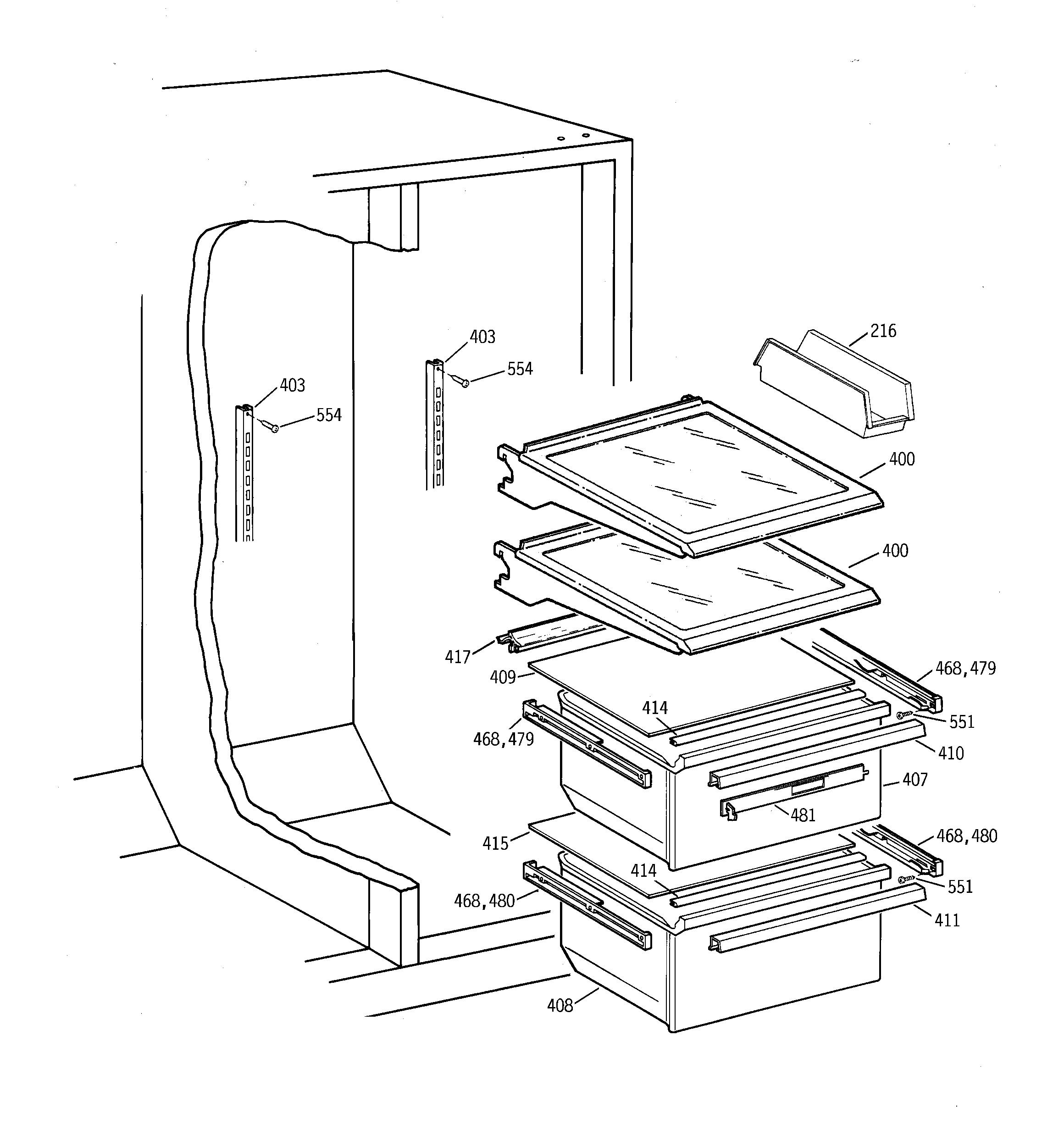 GE TFX26KRDAWW fresh food shelves diagram