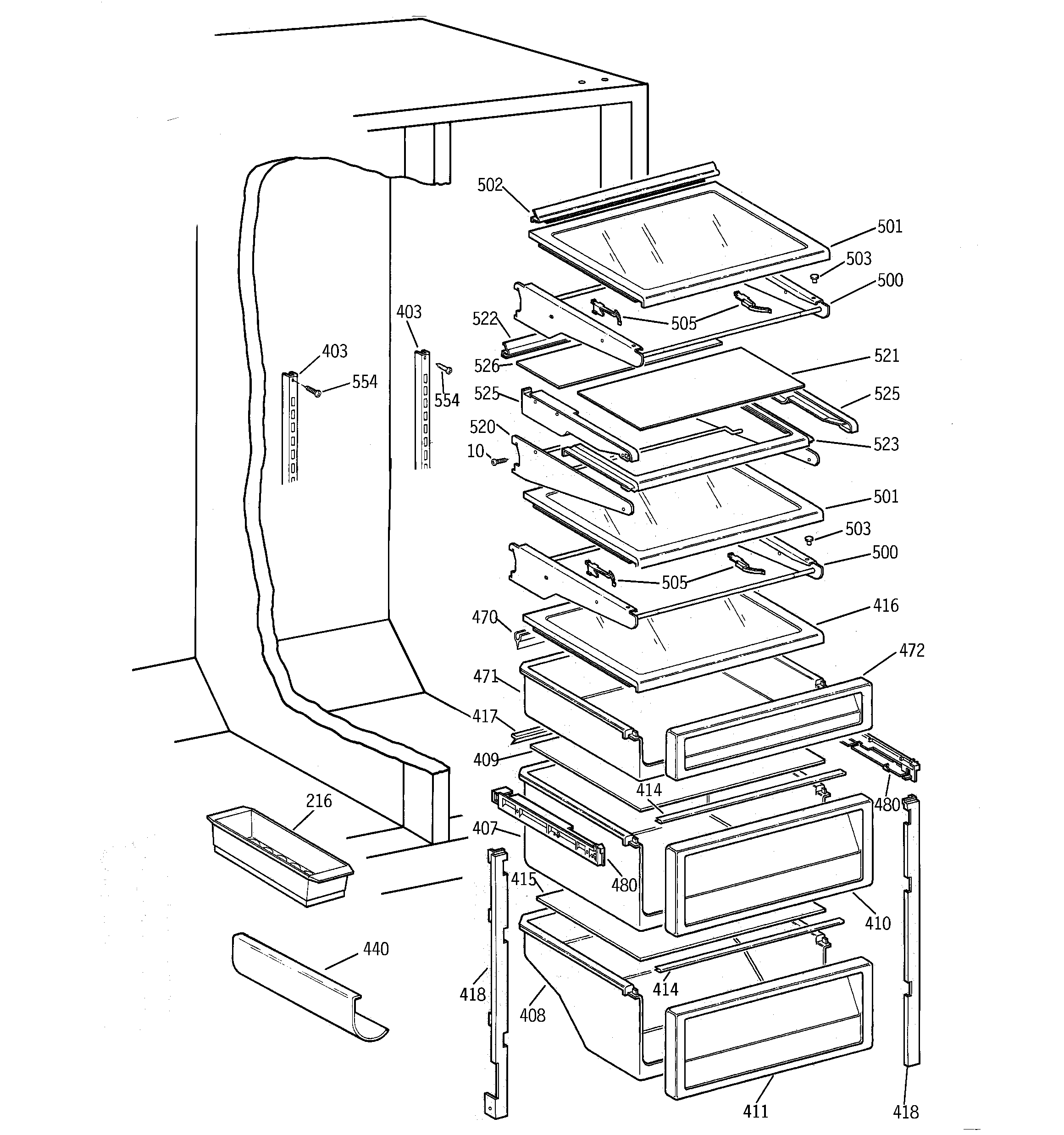 GE TPX21PRDABB fresh food shelves diagram