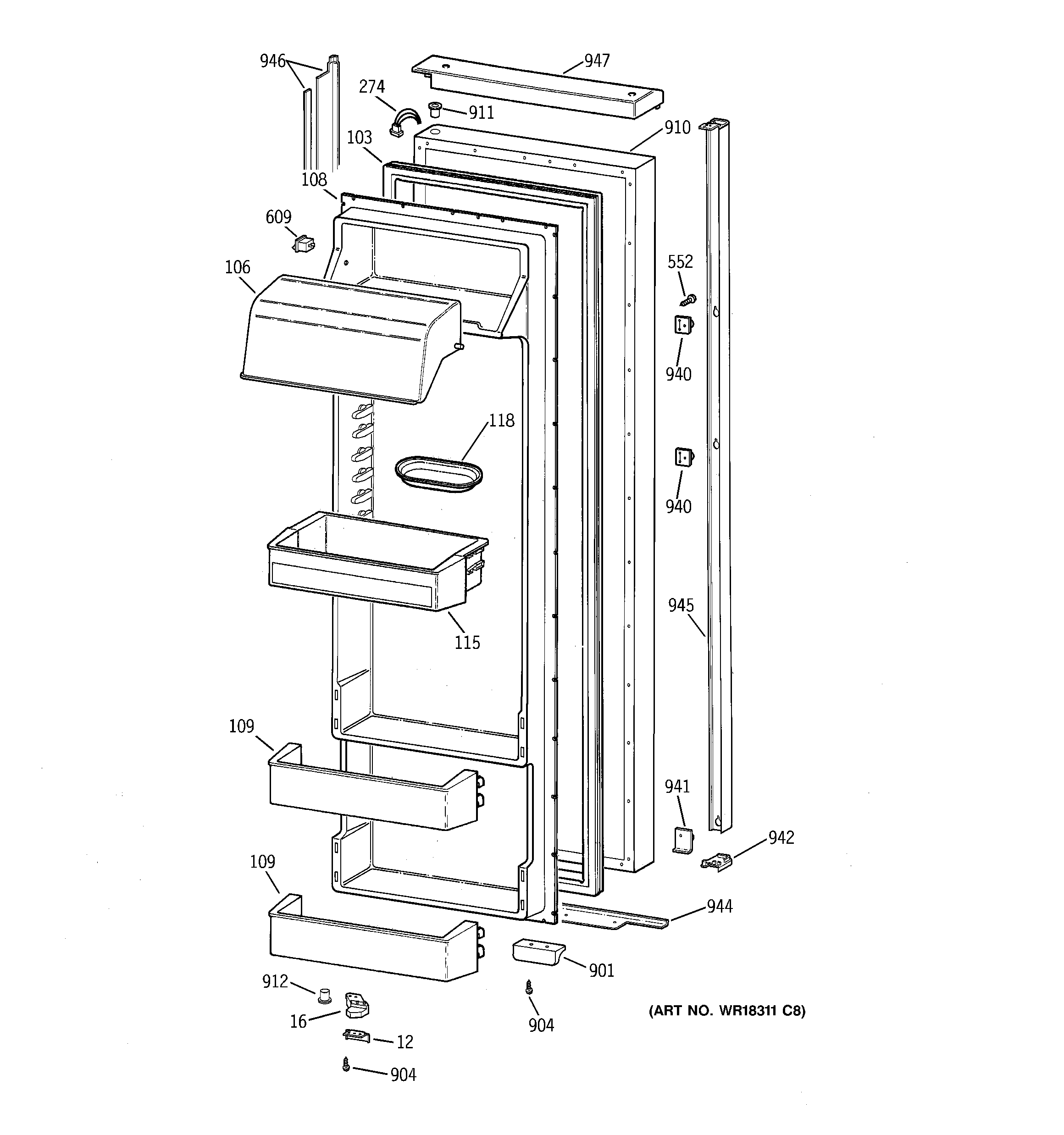 GE TPX24BRDAWW fresh food door diagram