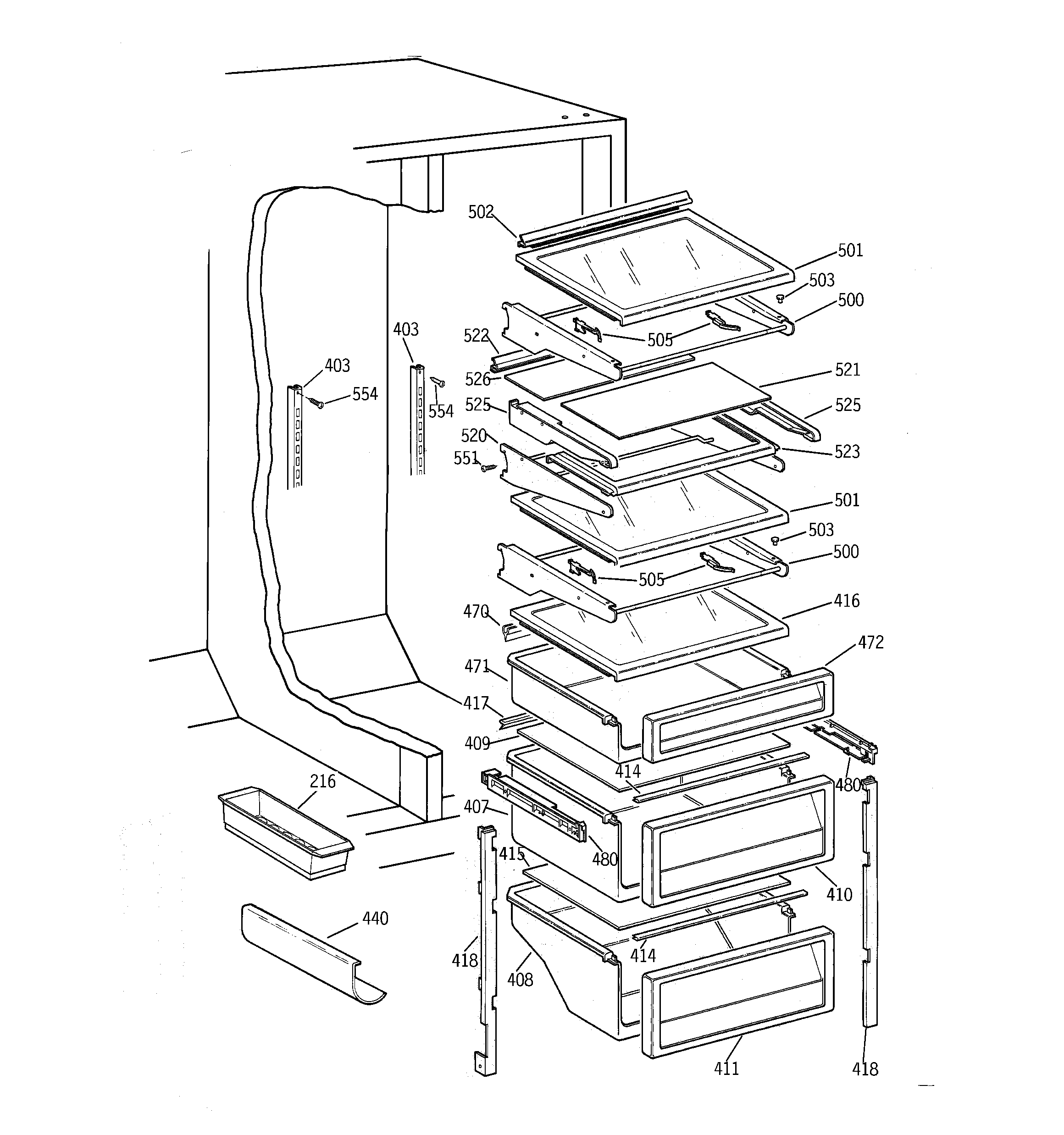 GE TPG21BRDAWW fresh food shelves diagram