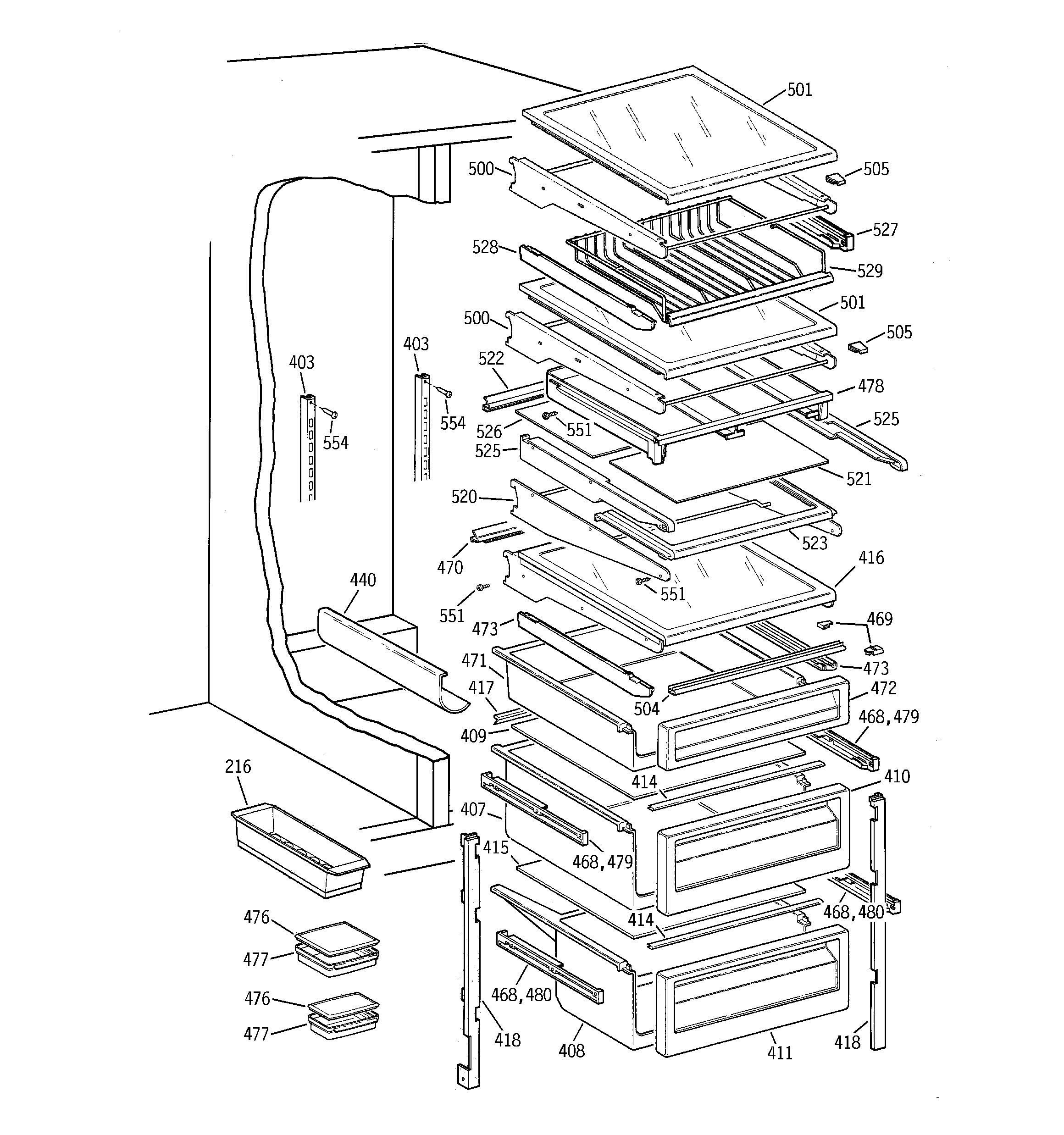 GE TPG24BFDAWW fresh food shelves diagram