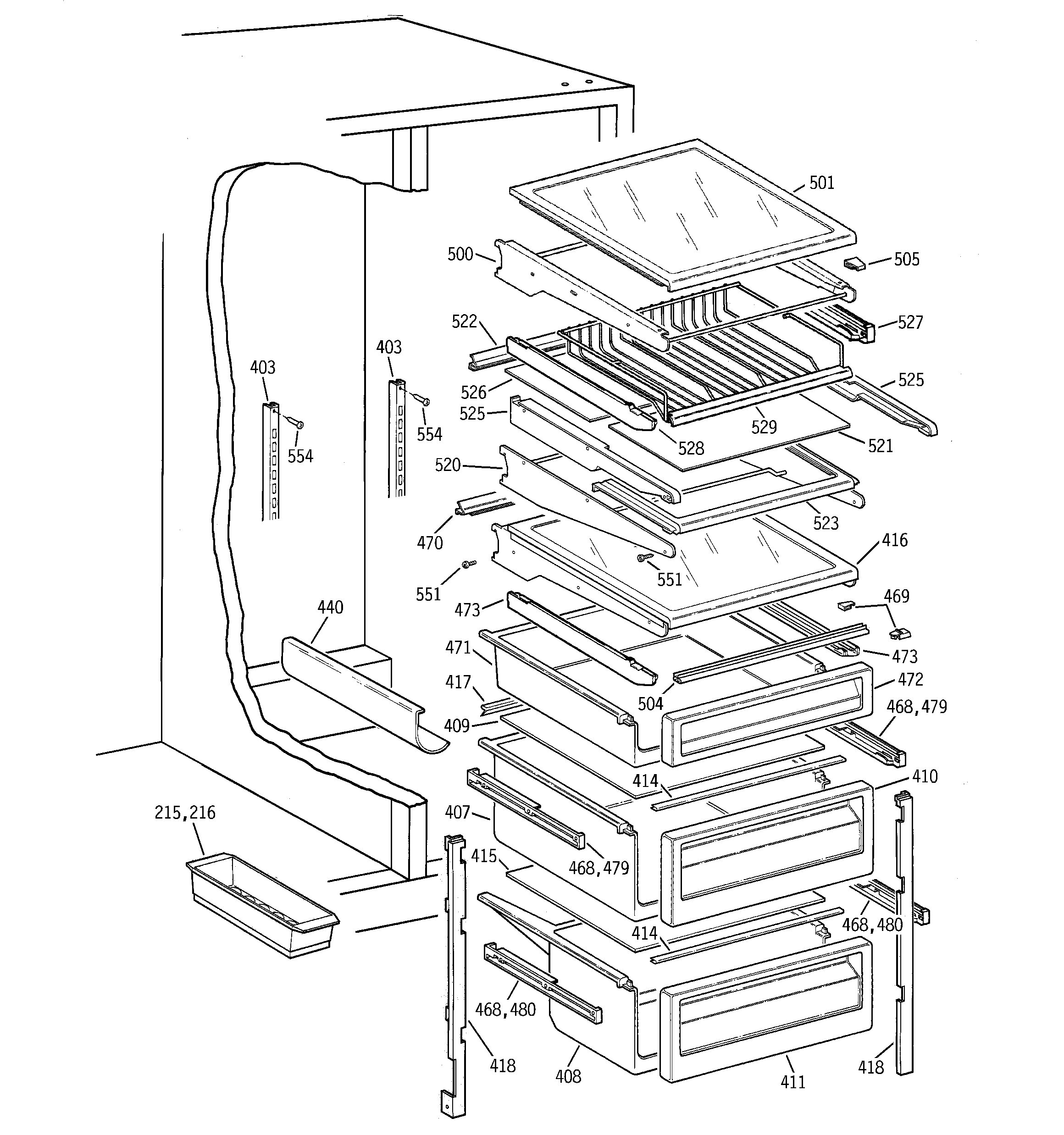 GE TFG25PADAWW fresh food shelves diagram