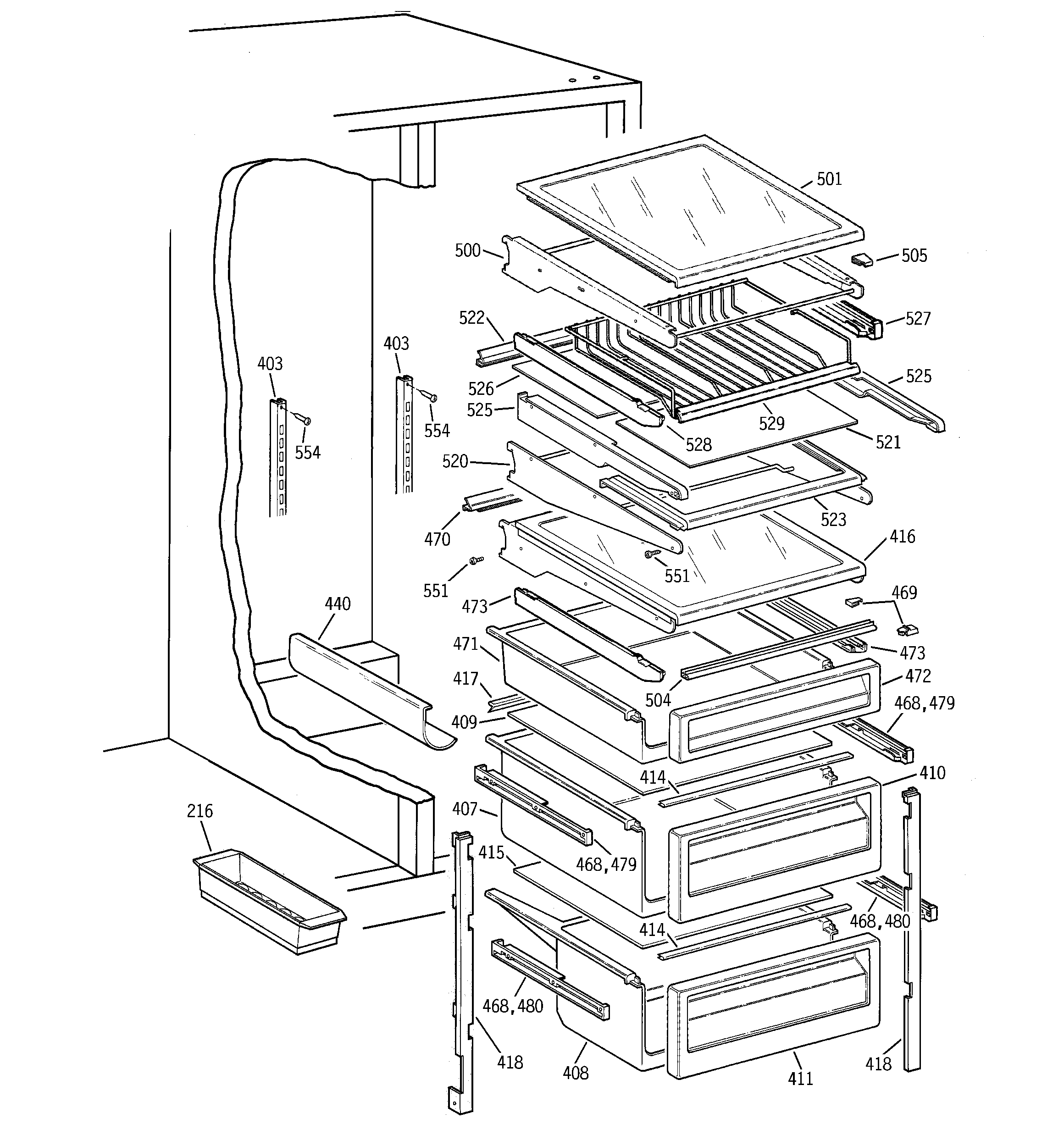 GE TFG26PEDAWH fresh food shelves diagram