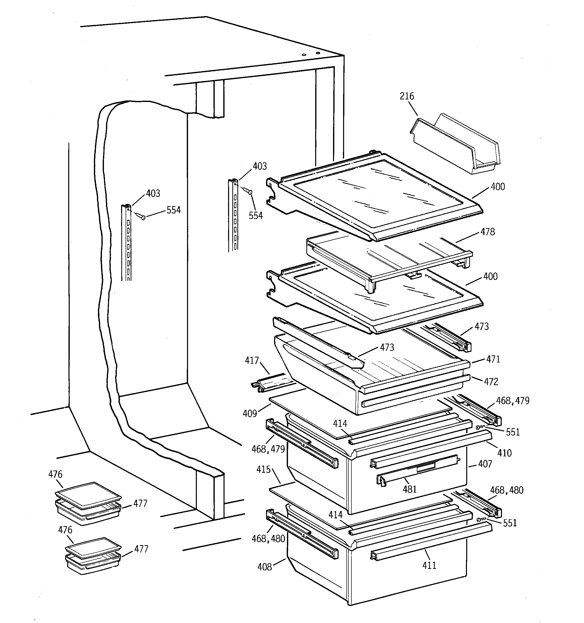 GE TFG28ZFCGWH fresh food shelves diagram