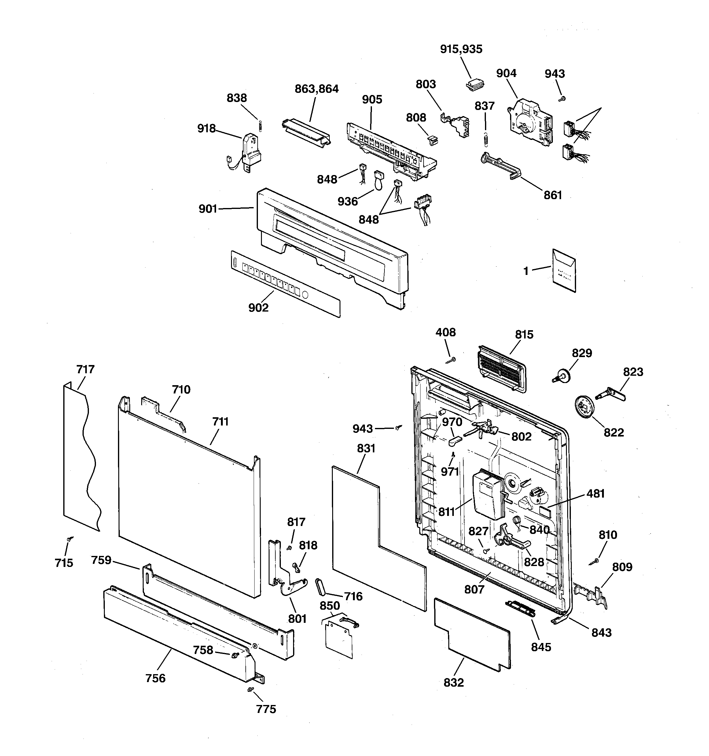 GE GSD5112F01AA escutcheon & door assembly diagram