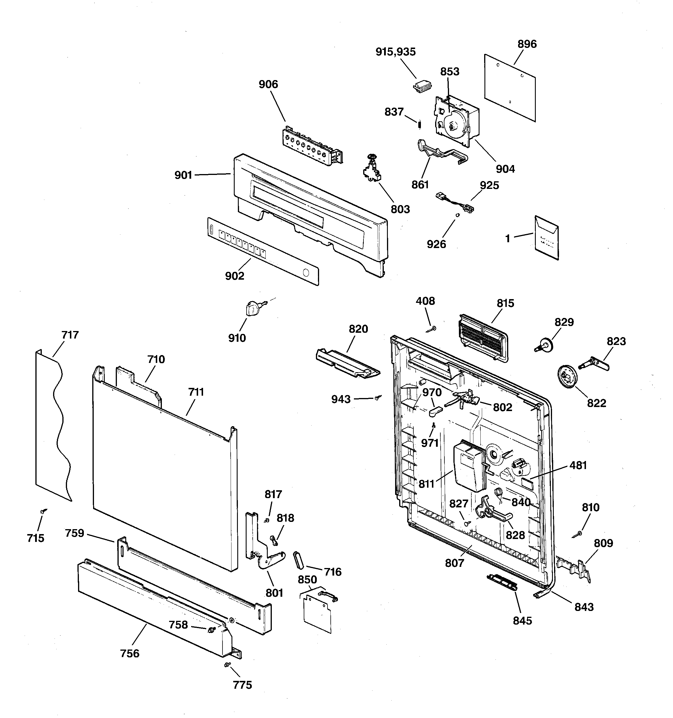 GE GSD3725D01BB escutcheon & door assembly diagram