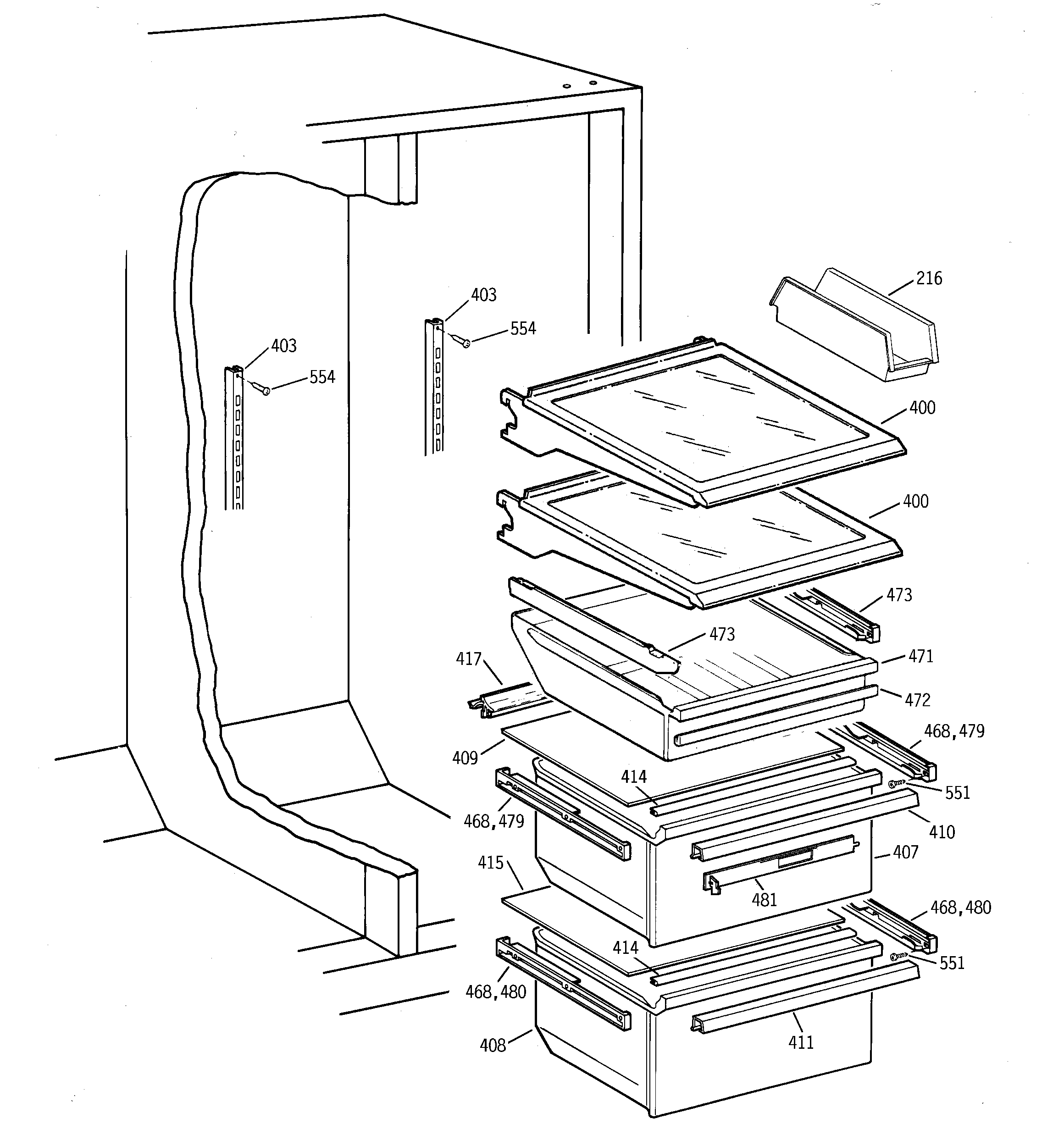 GE TFX22CRBGBB fresh food section diagram