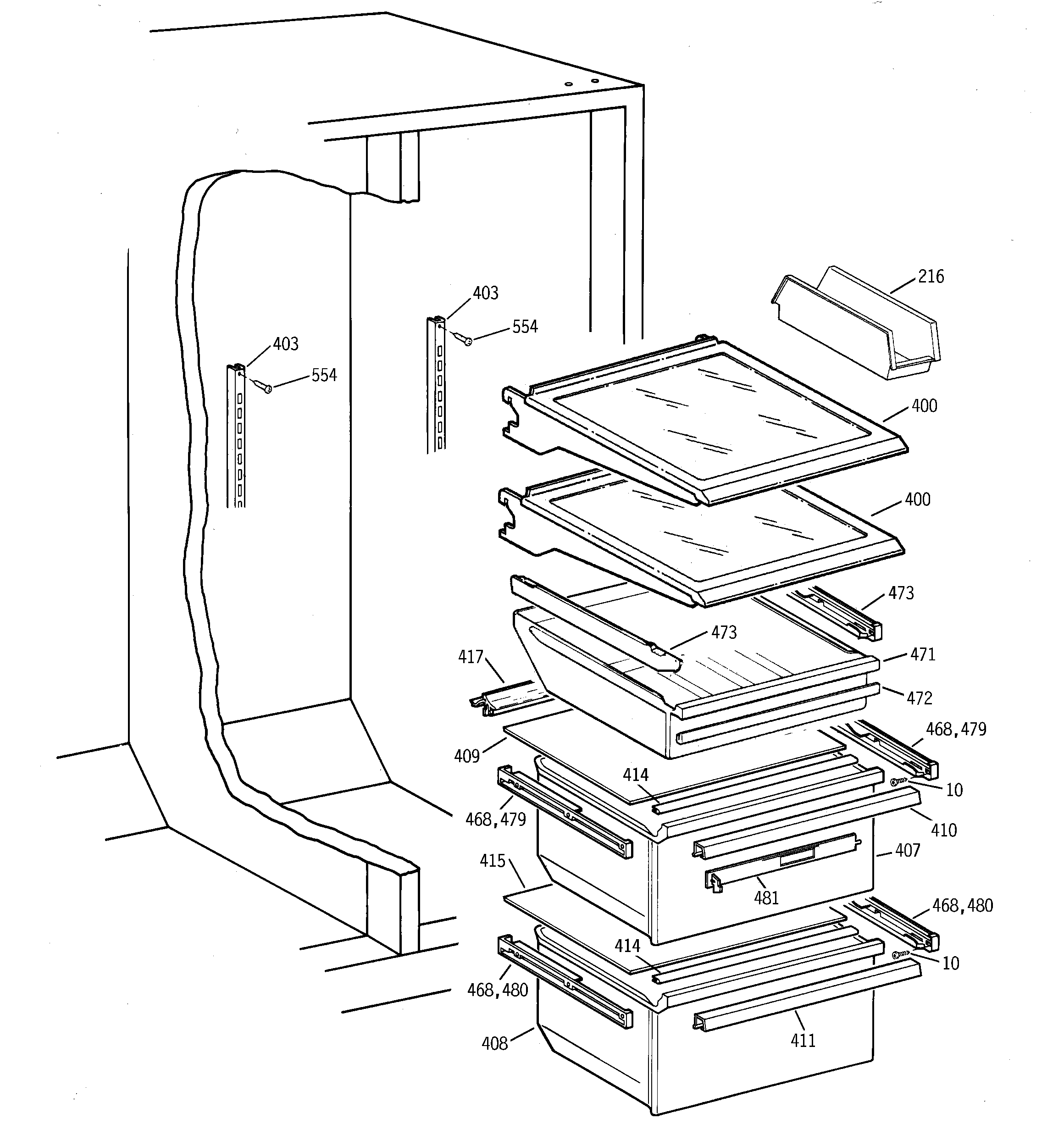 GE TFX22ZPBGWW fresh food shelves diagram
