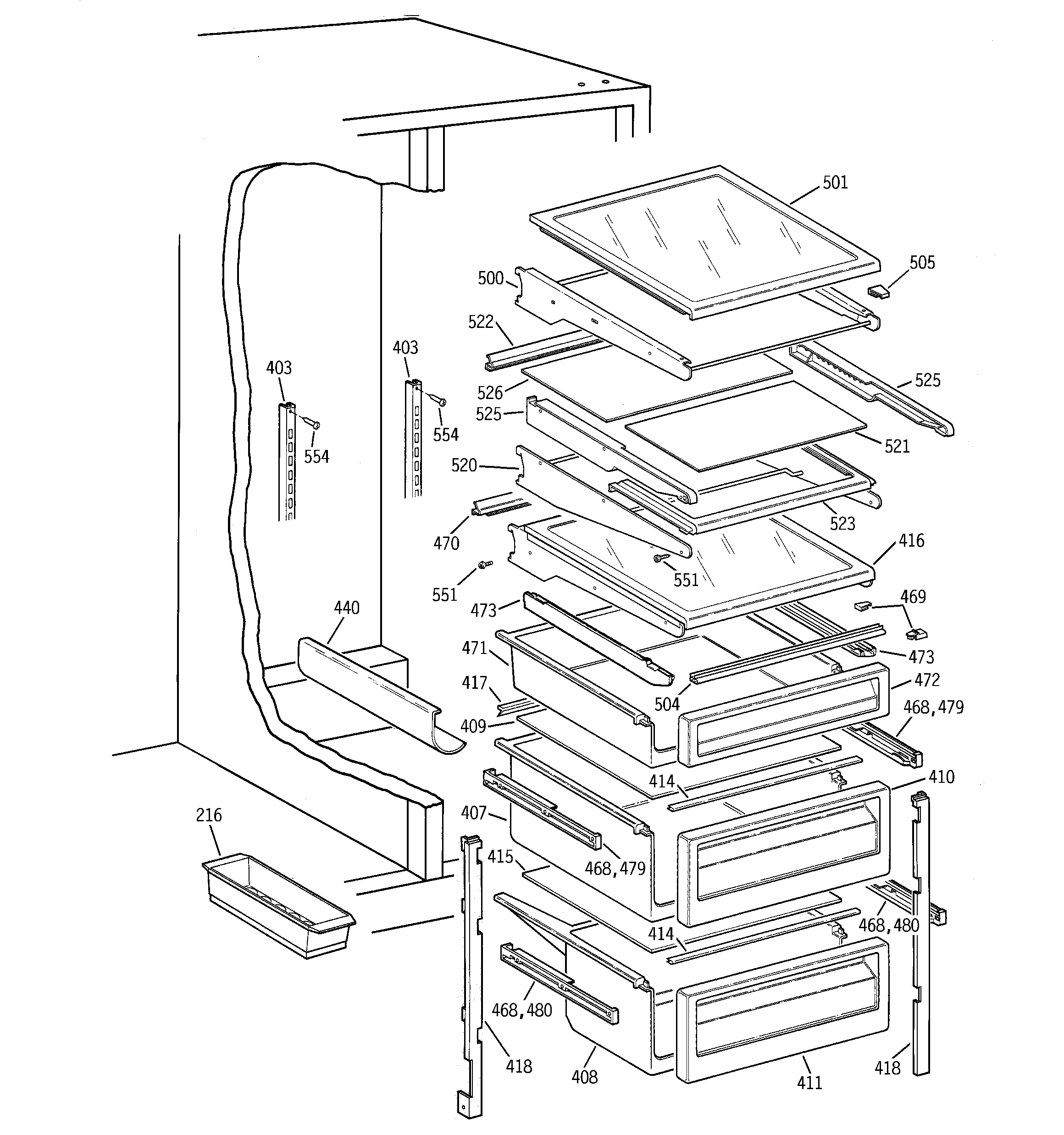 GE TFX30PPBGAA fresh food shelves diagram