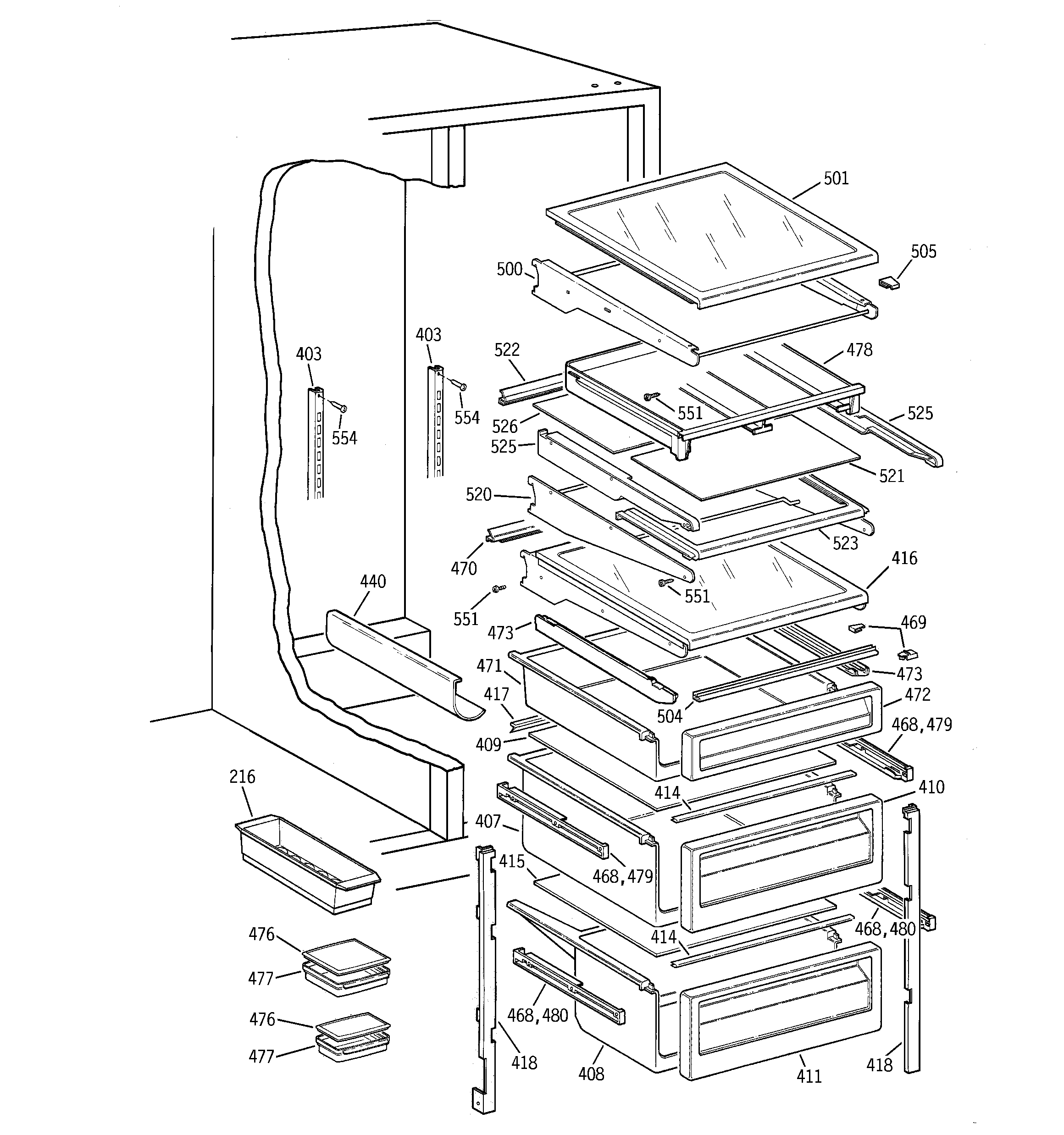 GE TFK28PFBGAA fresh food shelves diagram