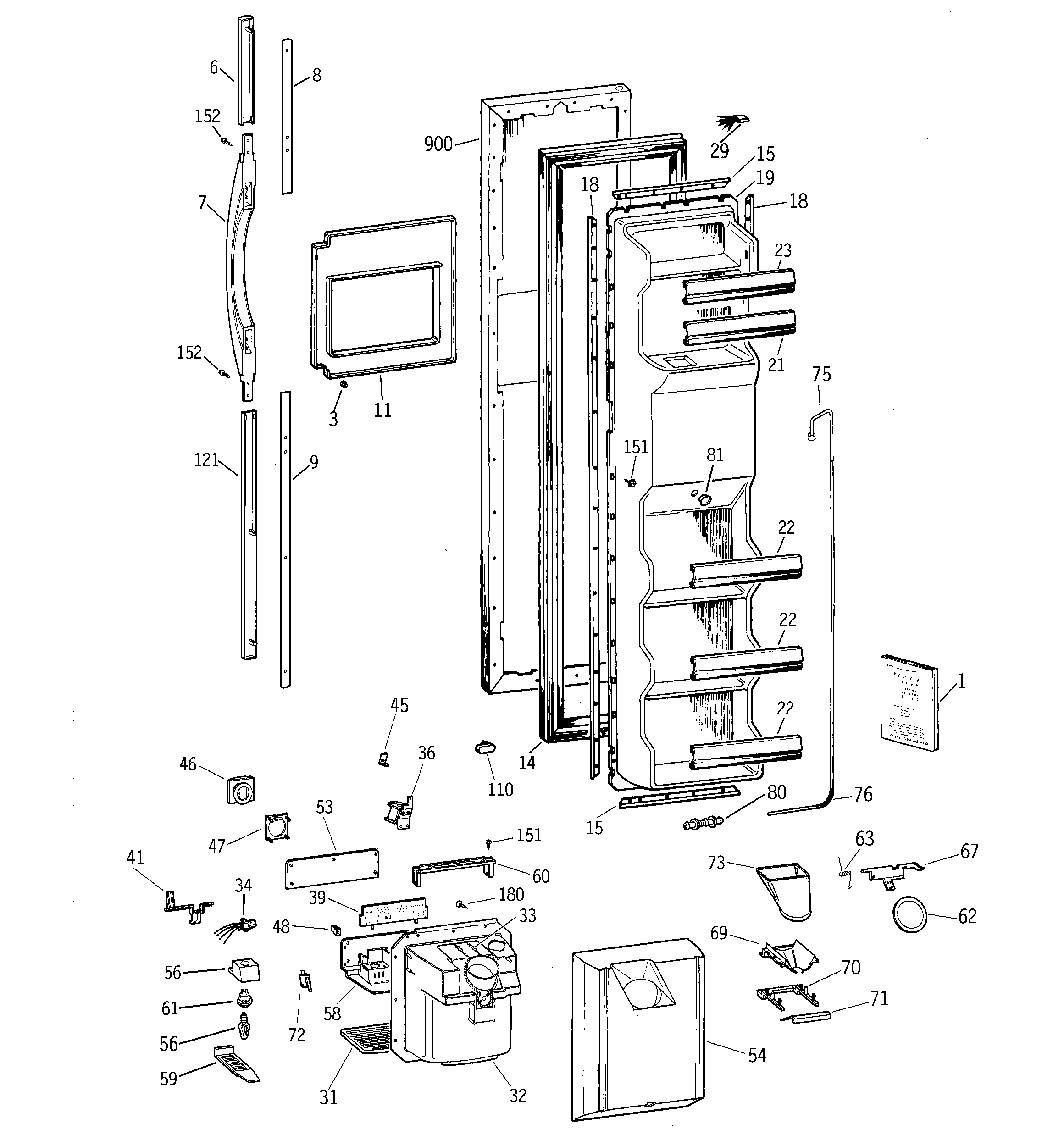 GE TFG25PRBGBB freezer door diagram