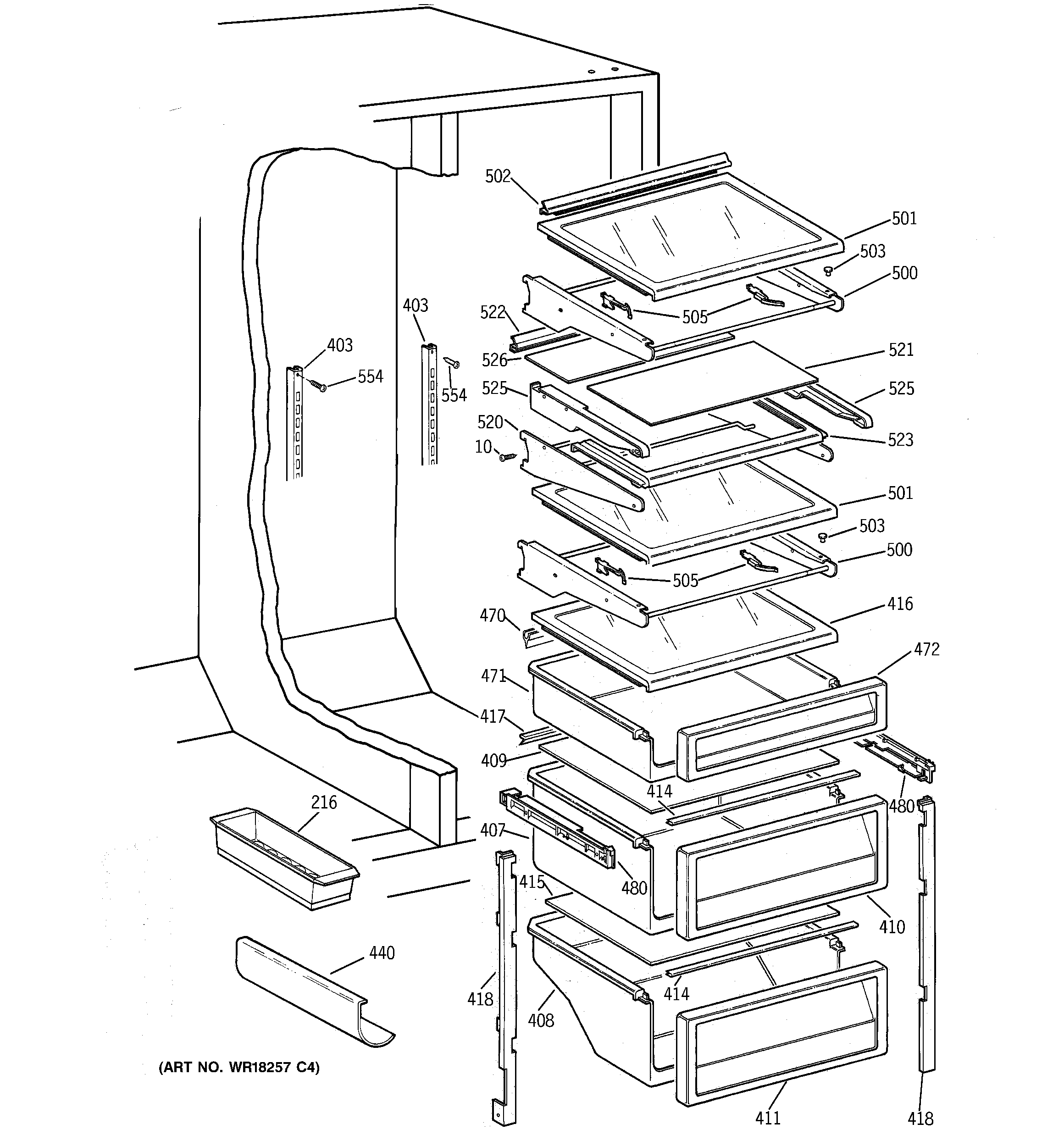 GE TPX21PRBGBB fresh food shelves diagram