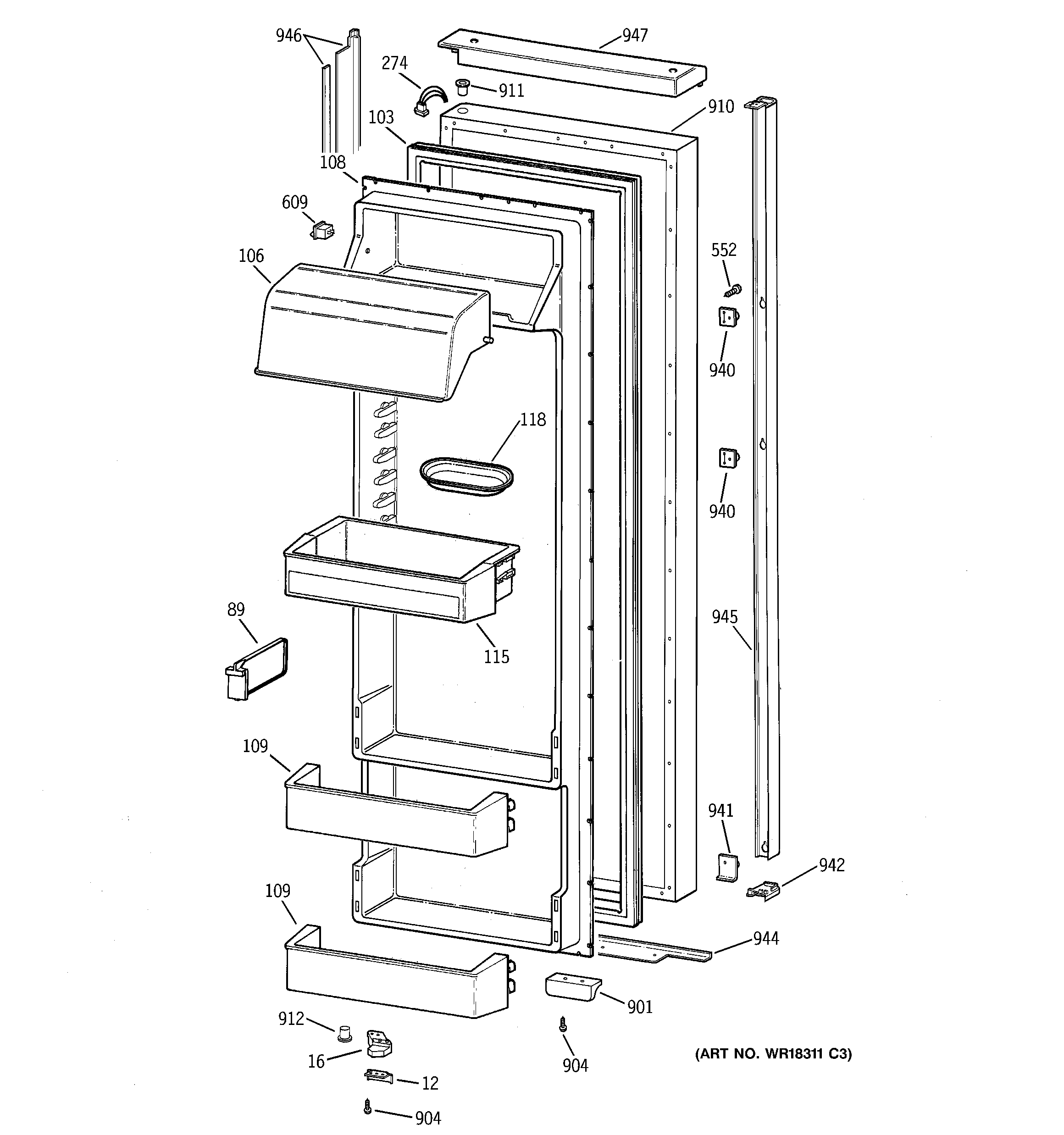 GE TPX24BPBGWW fresh food door diagram