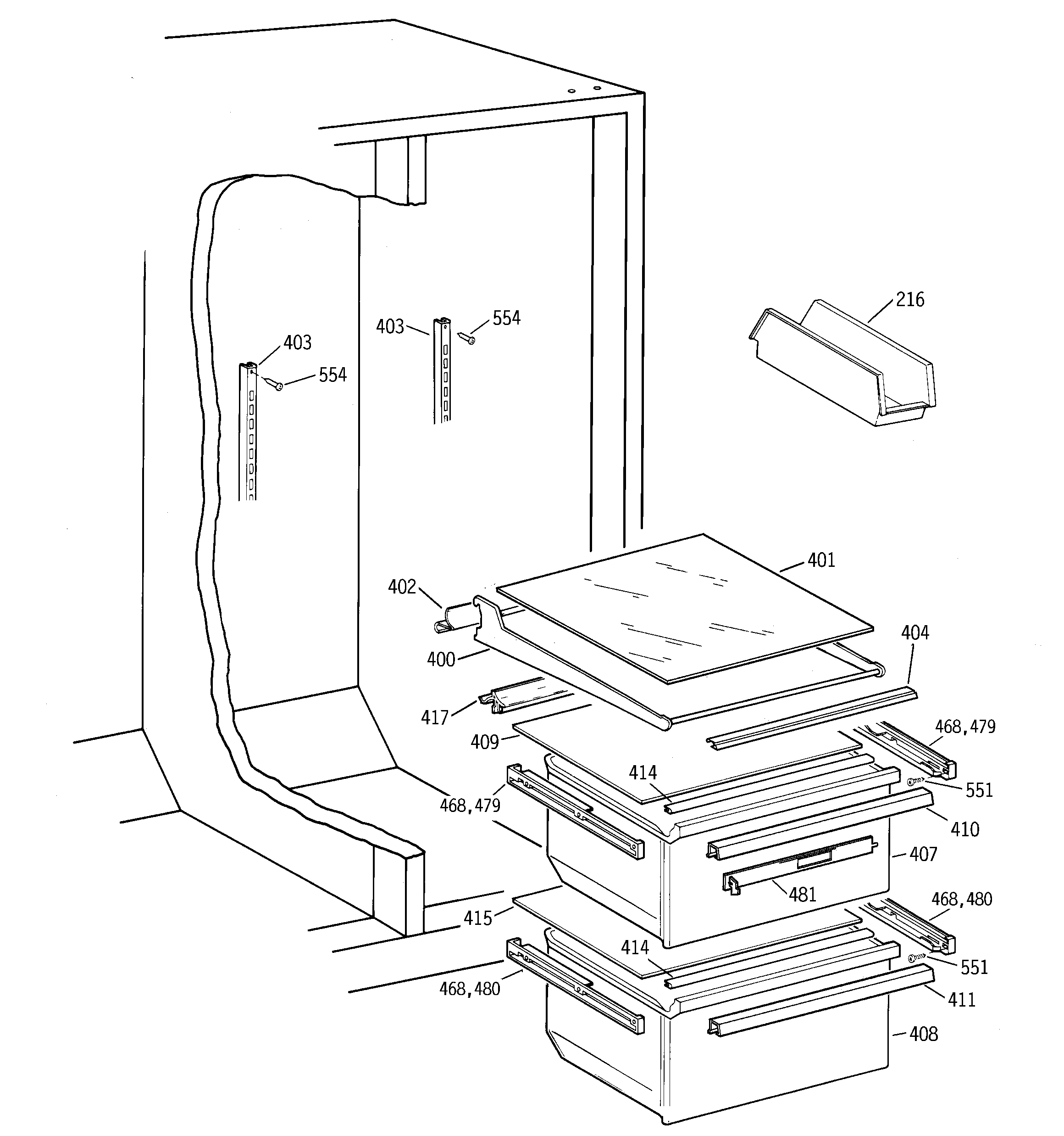 GE TFX25JPCGAA fresh food shelves diagram