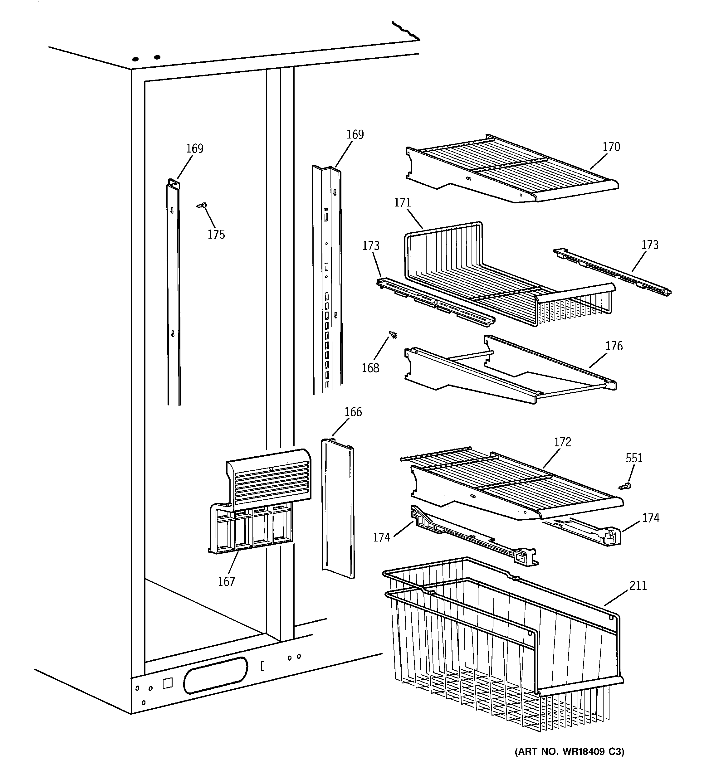 GE TFM30PBBGWW freezer shelves diagram