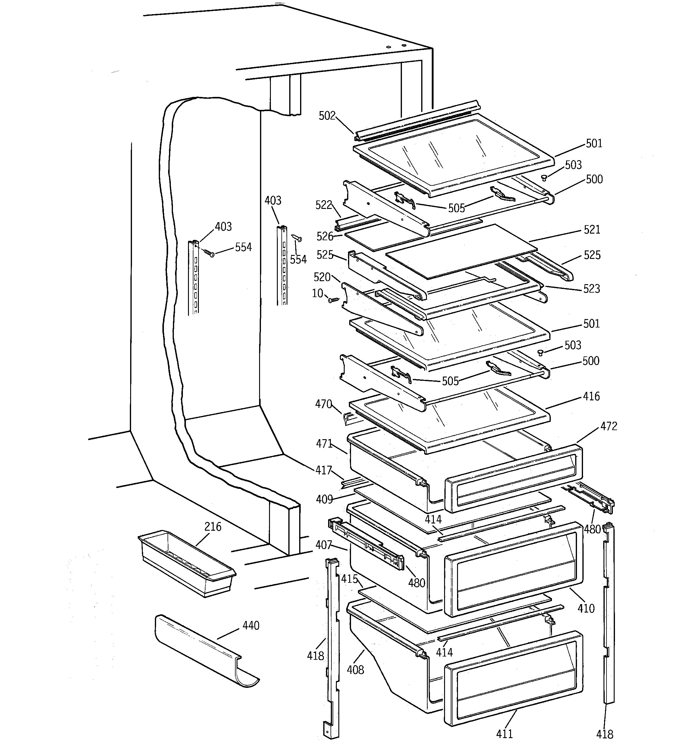 GE TPG21PRCGWW fresh food shelves diagram