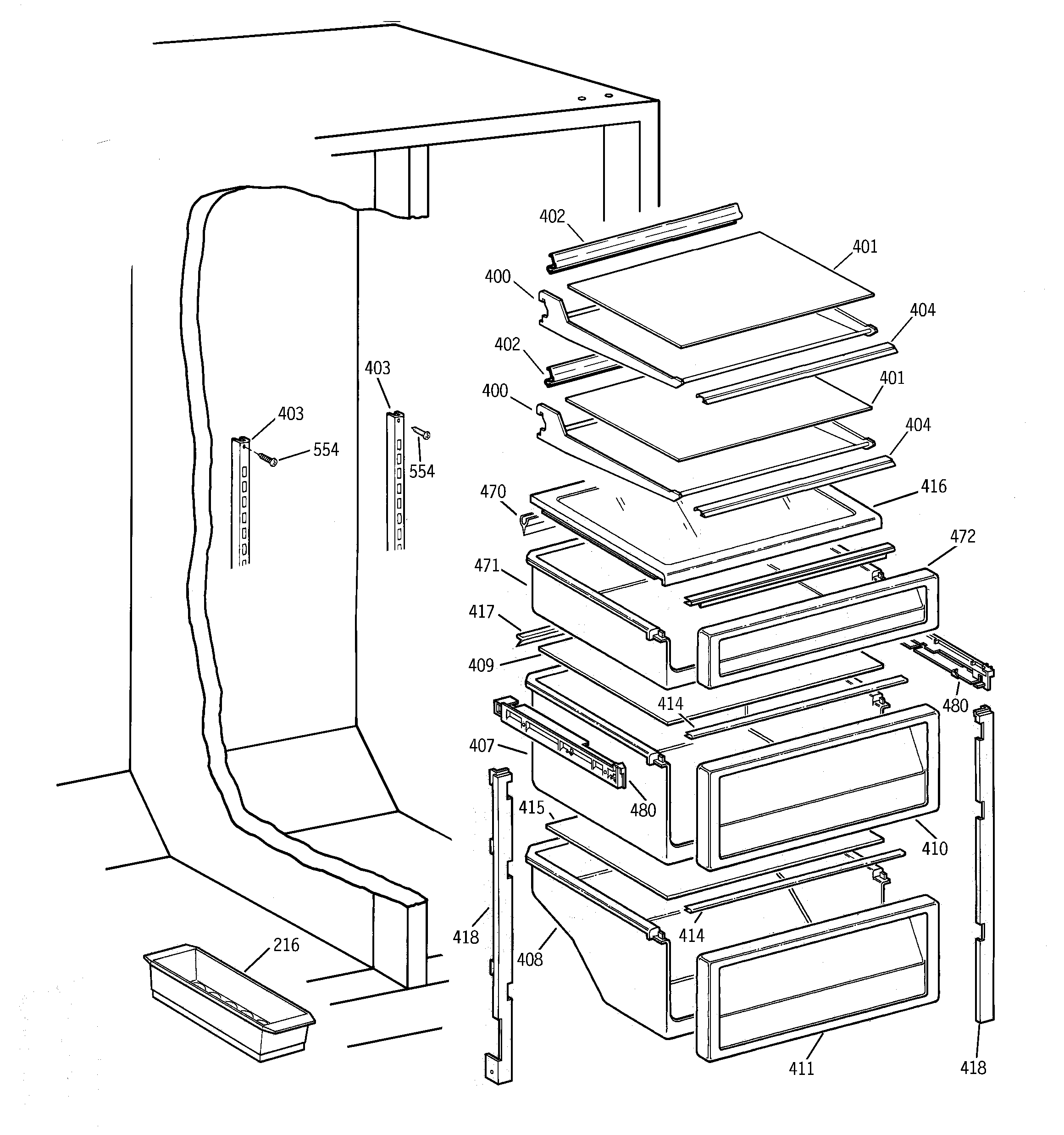 GE TPG21KRCGWH fresh food shelves diagram