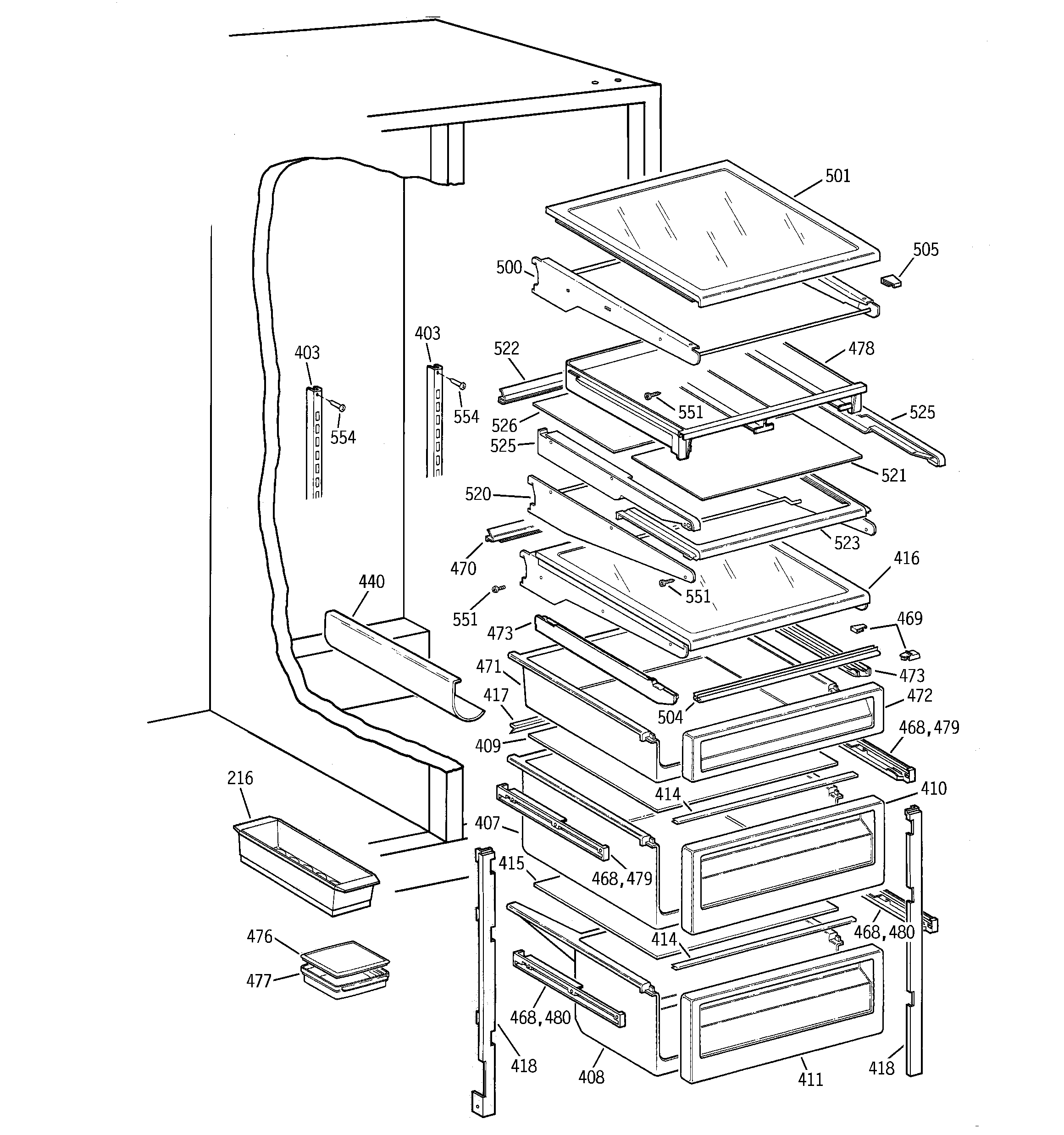 GE TPG24BFCGBB fresh food shelves diagram