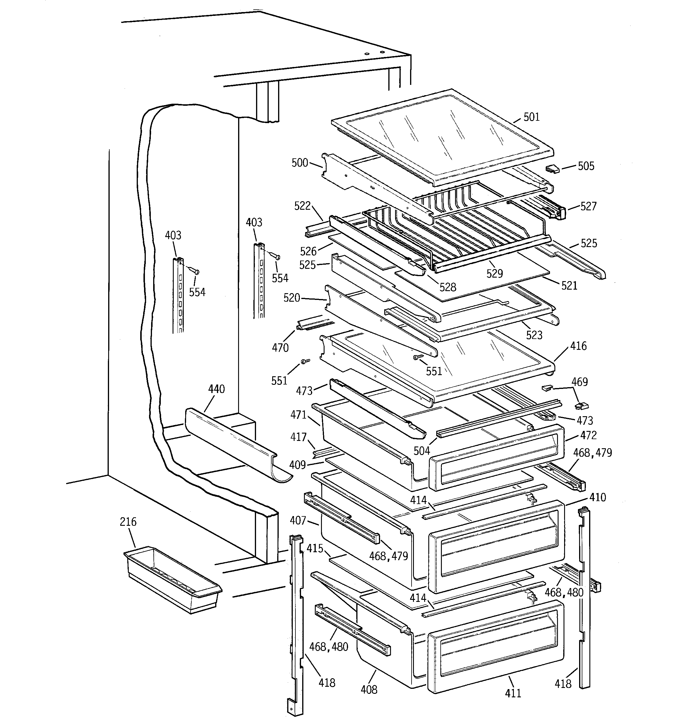 GE TFB26PPDAWW fresh food shelves diagram