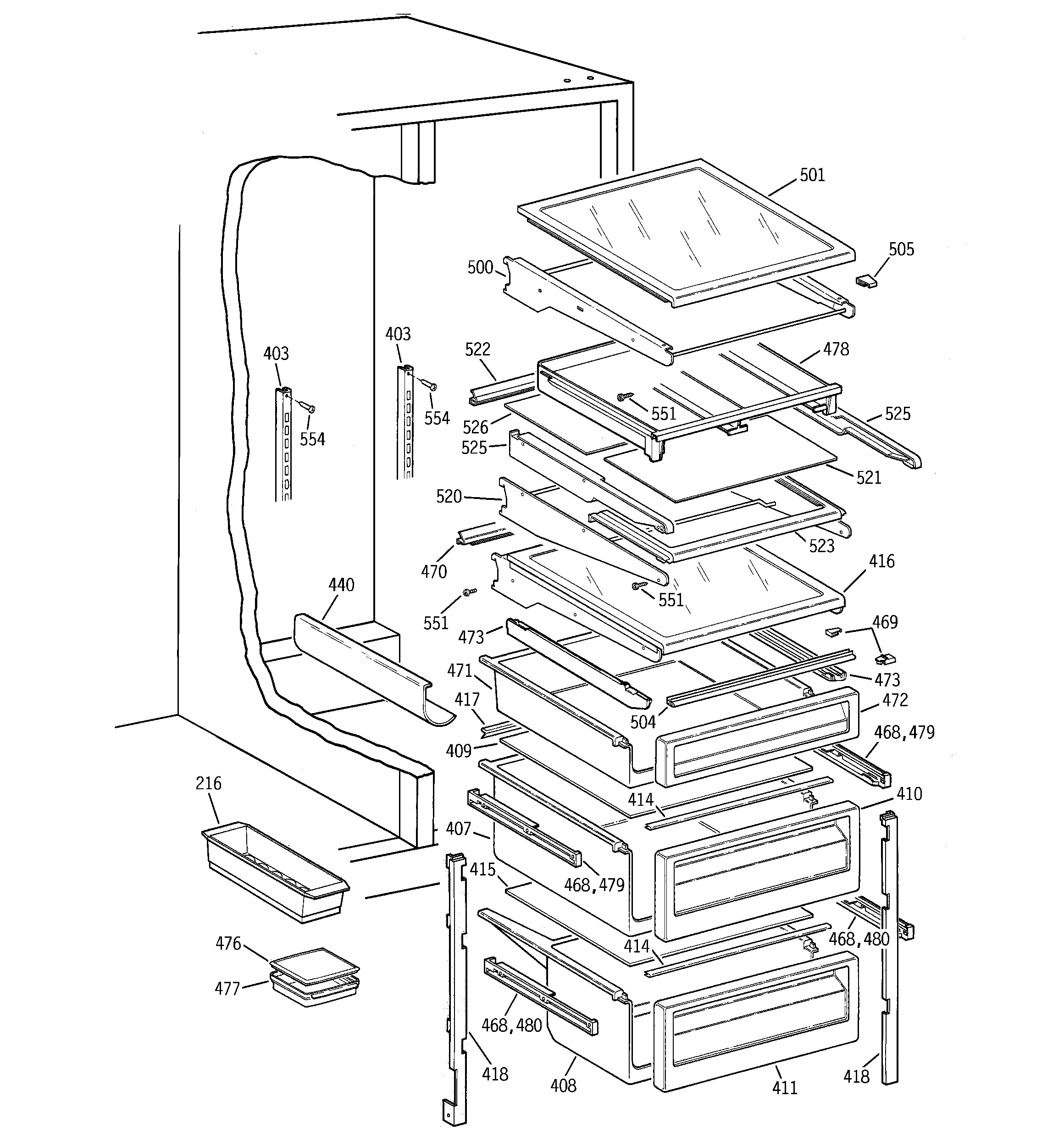 GE TPG24PFCCBS fresh food shelves diagram