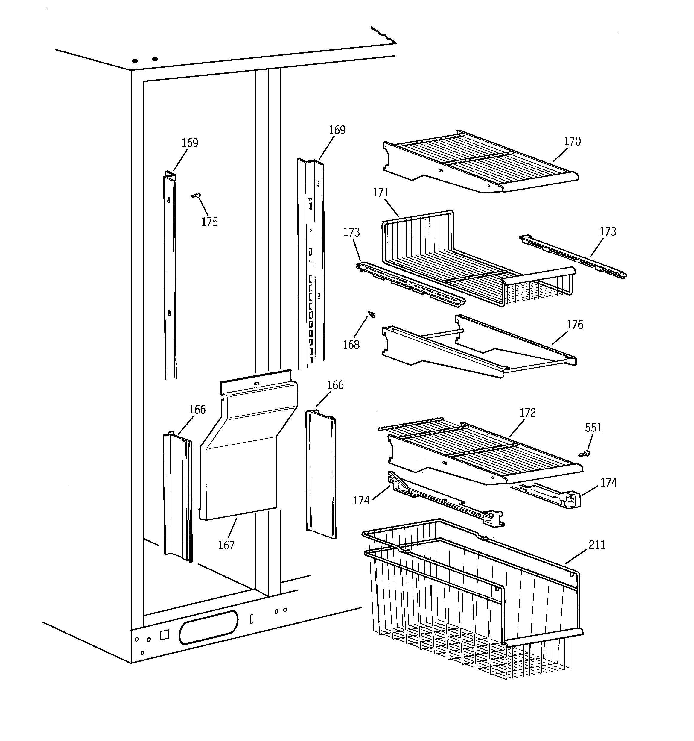 GE TPG24BRCEBS freezer shelves diagram