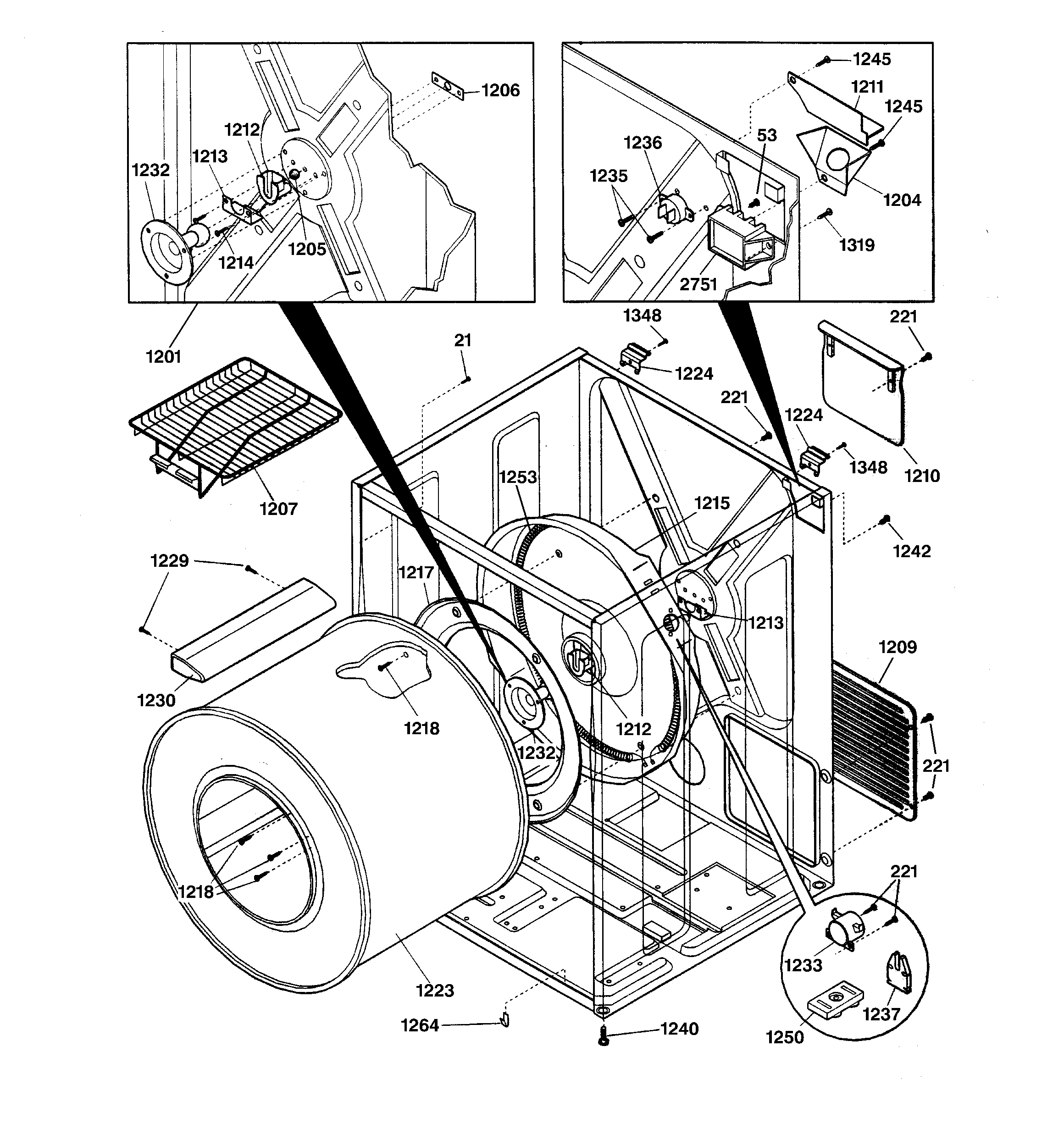 GE DSXH43EV1WW cabinet & drum diagram