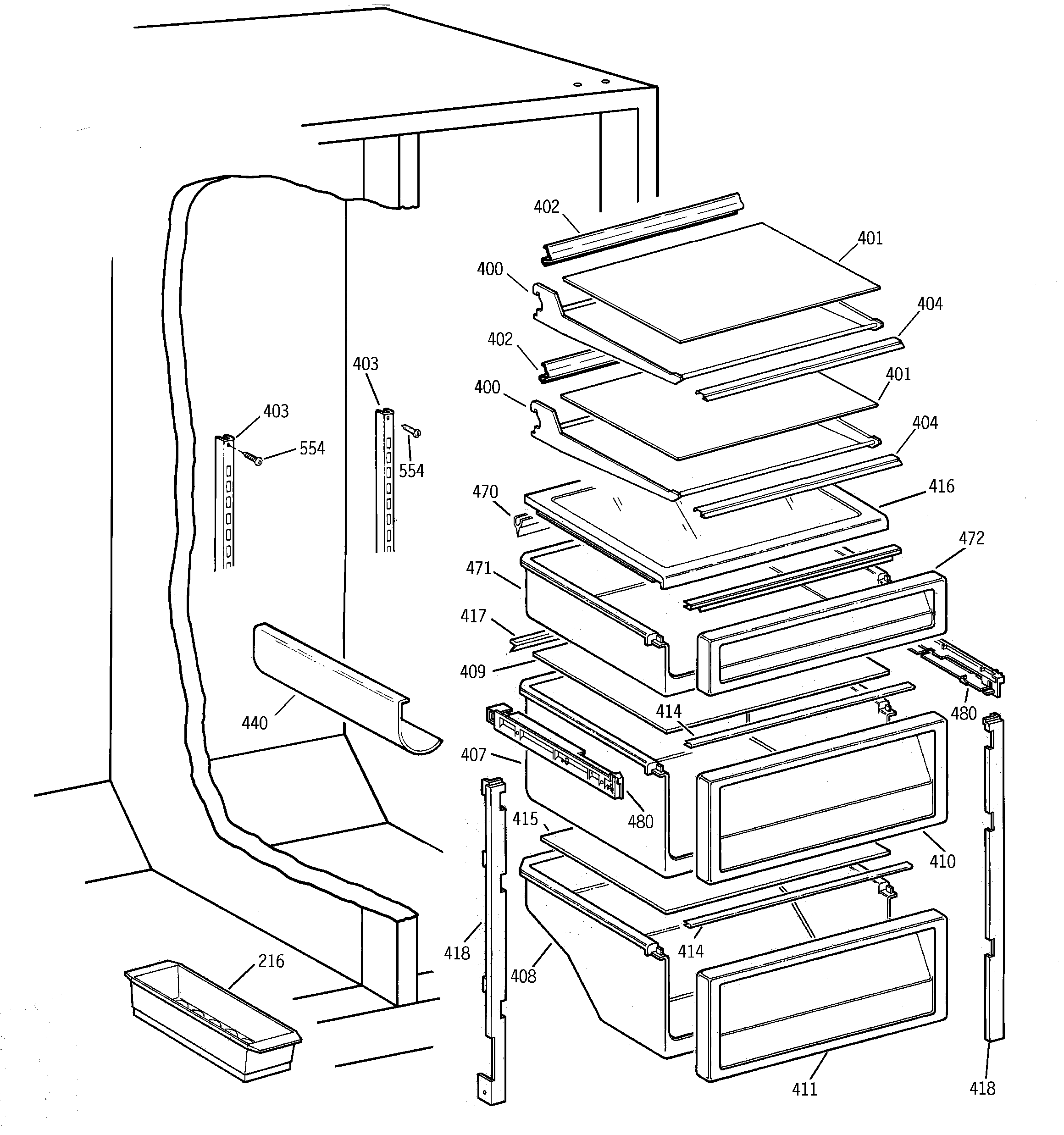 GE TPG21KRDABS fresh food shelves diagram